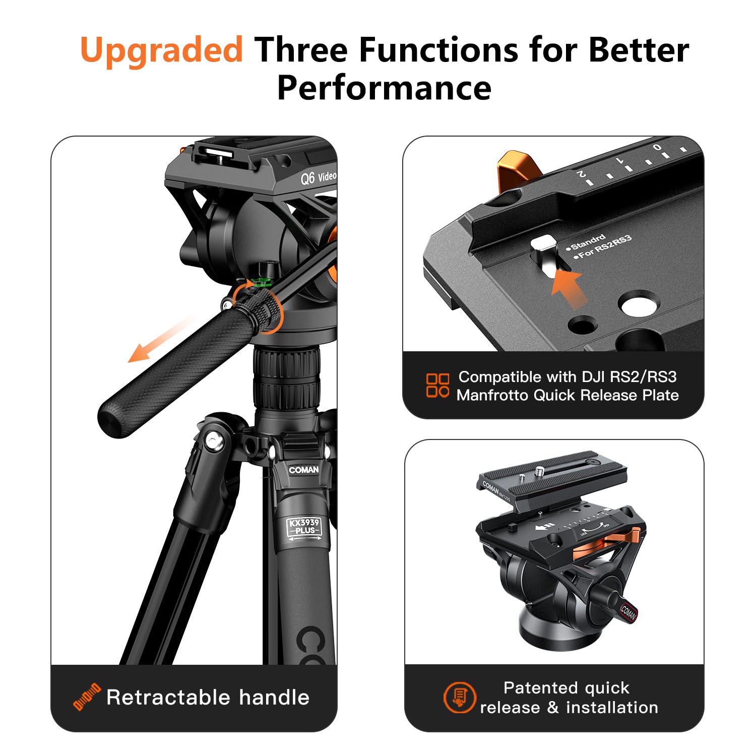 Coman Fluid Head Tripod For Dslr Camcorder,Camera Monopod Tripod 360 Pan&+90/ 70 Tilt,New Q6 Fluid Head Aluminum Alloy Qr Plate