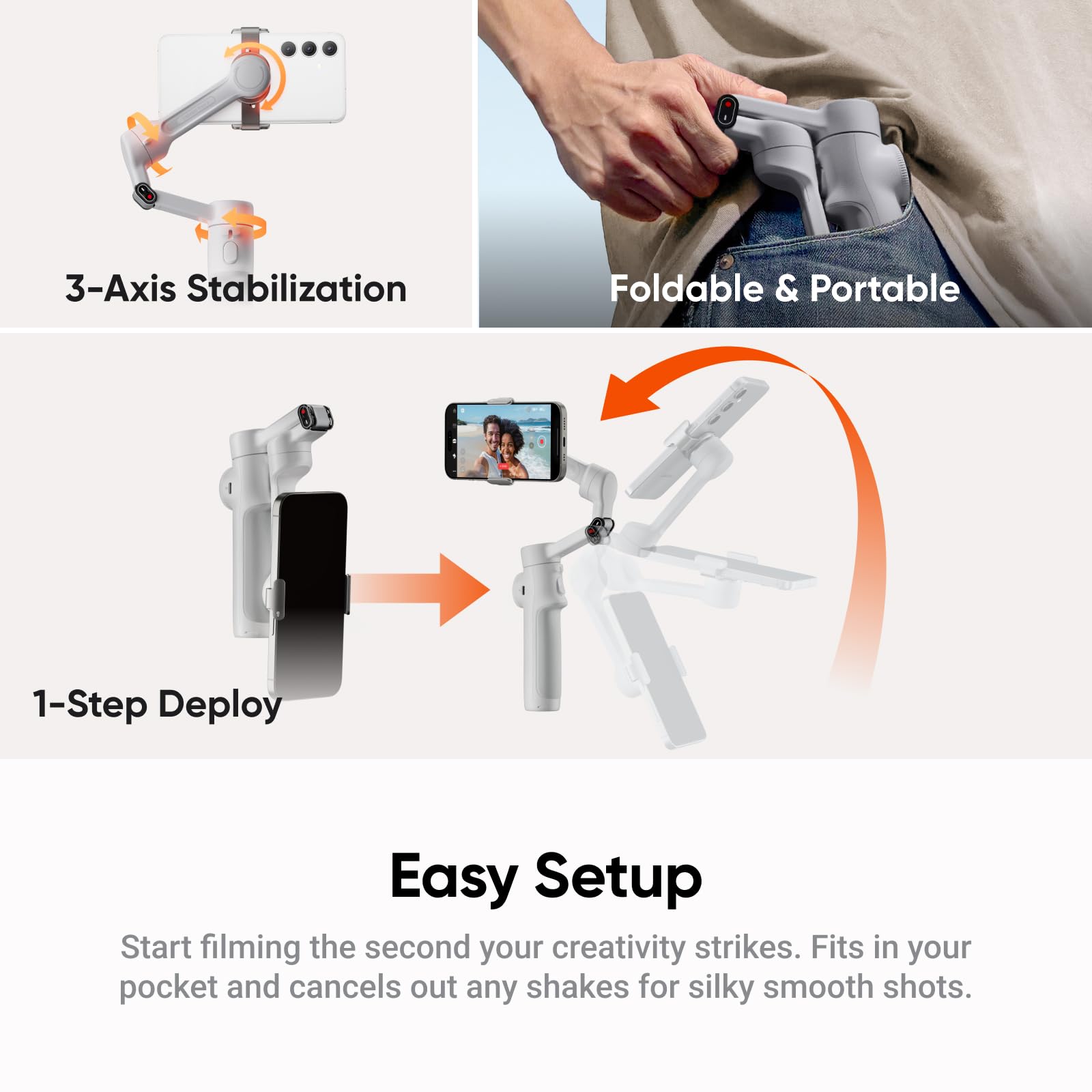 Insta360 Flow 2 Grey - Foldable Ai Phone Gimbal, Ai Tracking, Multi-Person Tracking, Built-In Tripod/Selfie Stick, Remote Contro