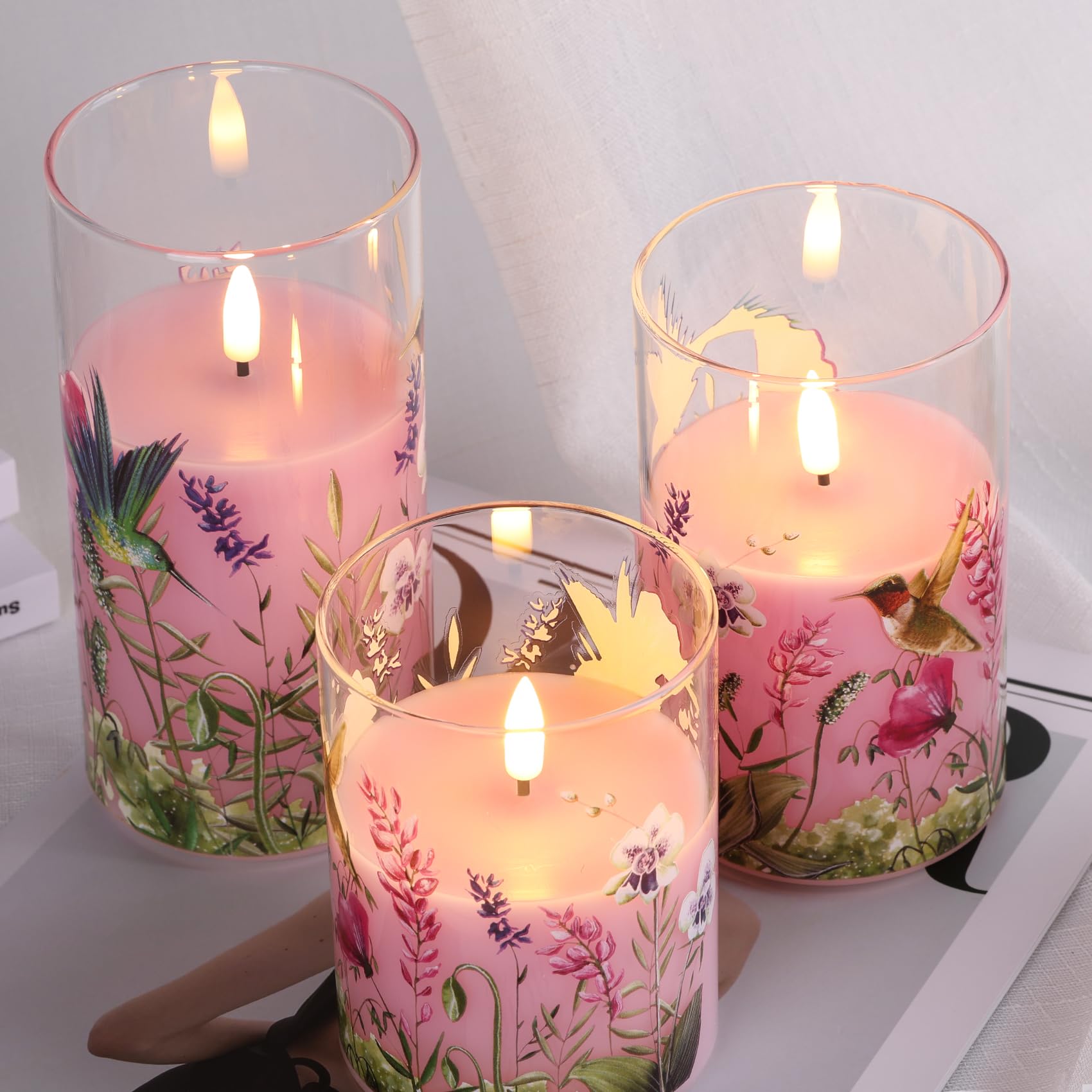 Girimax Pink Hummingbird Glass Led Candles With Remote, Flickering Flameless Candles Battery Operated F 3'' H 4'' 5'' 6''