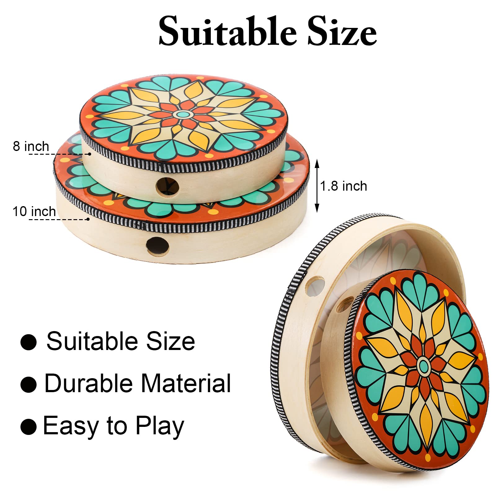 Foraineam 10 Inch & 8 Inch Hand Drum, Musical Percussion Instrument Colorful Wood Frame Drum With Drum Stick