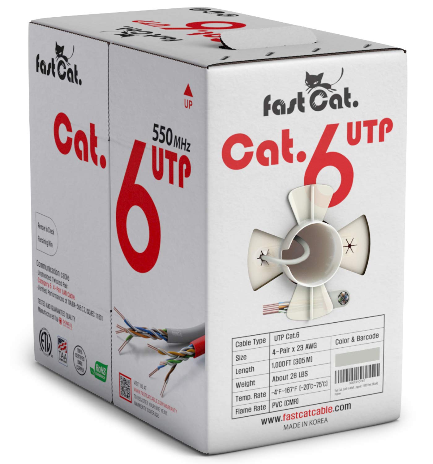 Fast Cat. Cat6 Ethernet Cable 1000Ft   23 Awg, Cmr, Insulated Solid Bare Copper Wire Cat 6 Cable Poe++ (4Ppoe), Etl Listed, 550Mhz / 10 Gigabit Speed Utp Lan Cat6 Cable 1000Ft (White)