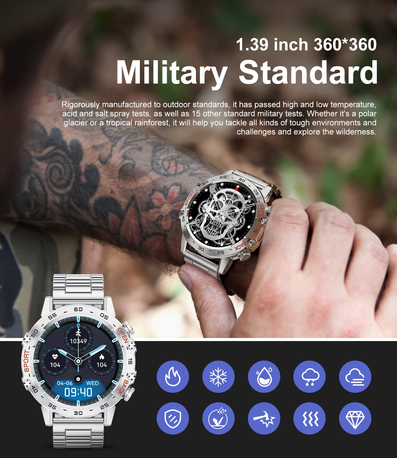 Military Smart Watch For Men(Answer/Dial Calls),1.39 ' 'Hd Touchscreen,5Atm Waterproof Fitness Watch,100 Sports Modes, With Bloo