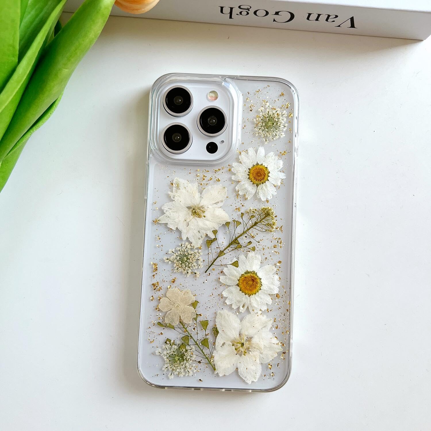 Lseeka For Iphone 15 Pro Max Clear Case With Pressed Real Flowers Design,Glitter Cute White Floral Pattern Slim Soft Tpu Protect