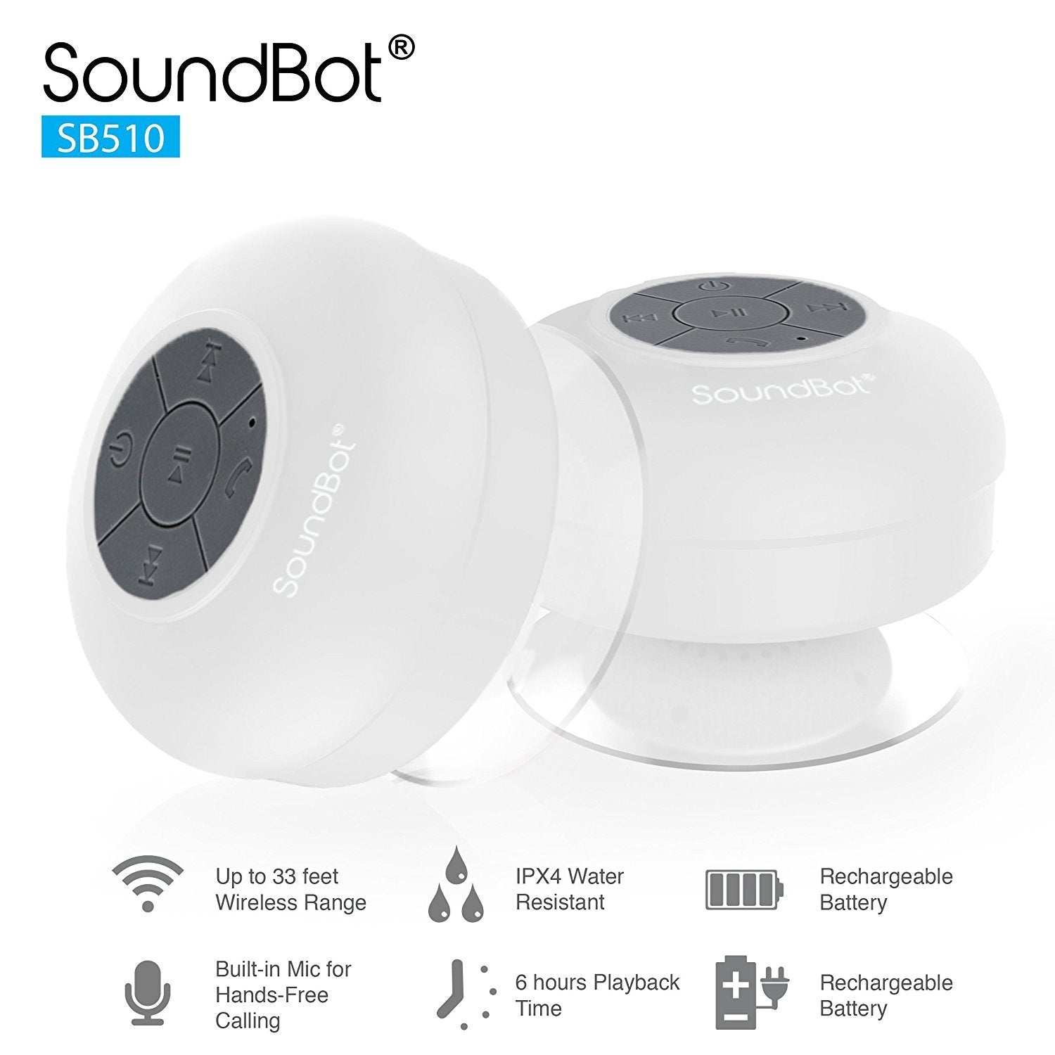 Soundbot Sb510 Hd Water Resistant Bluetooth 4.0 Shower Speaker, Handsfree Portable Speakerphone With Built In Mic, 6Hrs Of Playt