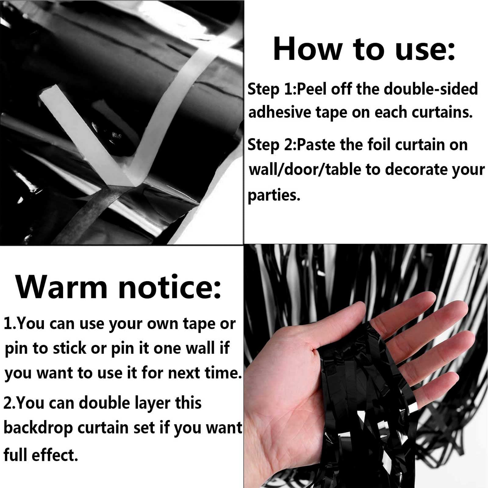 Halloweendecorate 4 Pack Black Foil Fringe Curtain Backdrop, 3.28Ft X 8.2Ft Metallic Tinsel Streamers Curtains For Party, Photo