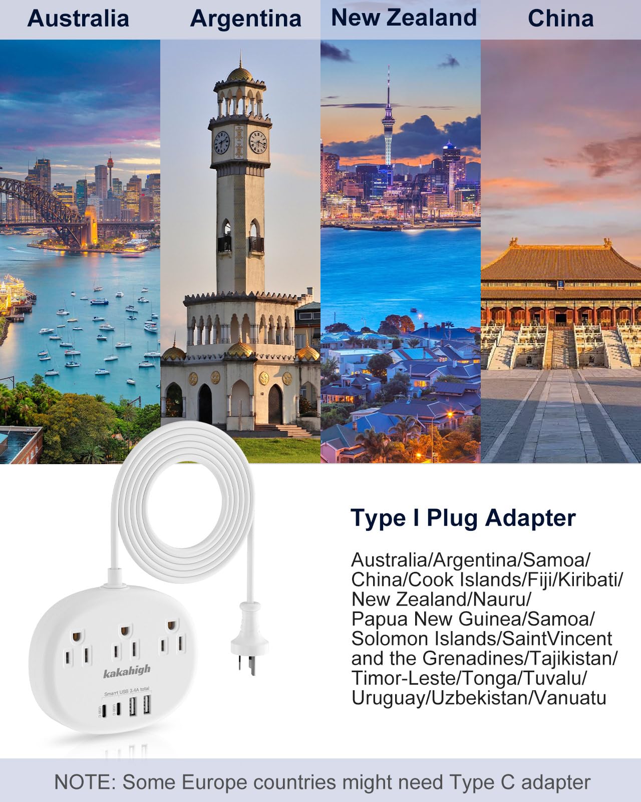 Australia Power Plug Adapter, New Zealand Power Adapter With 3 American Outlets 4 Usb Ports (2 Usb C) Total 24W, Type I Plug Ada