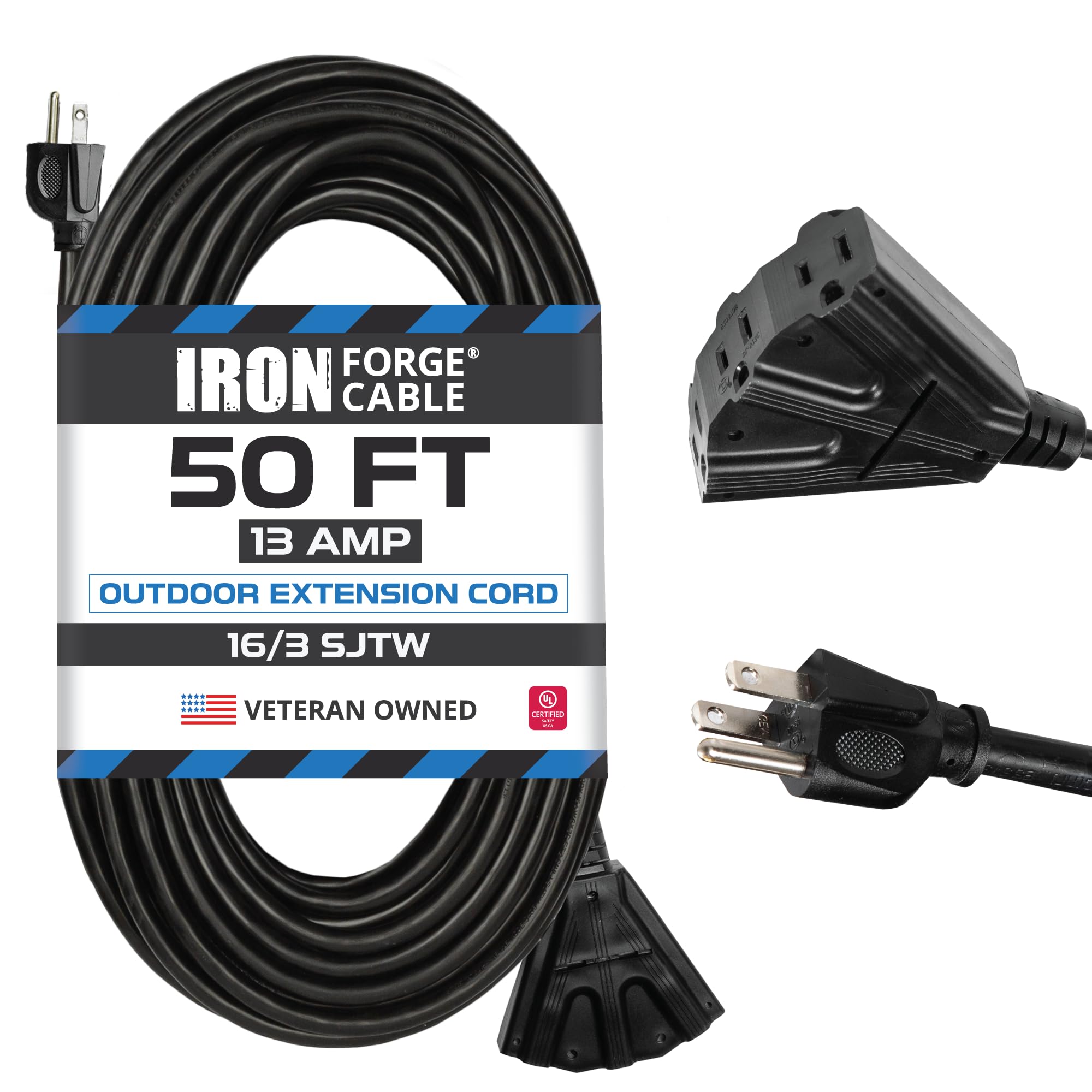Iron Forge Cable 50 Ft Black Extension Cord With 3 Outlet, 16/3 Weatherproof 50Outdoor Extension Cord Multiple Outlets, 50 Foot