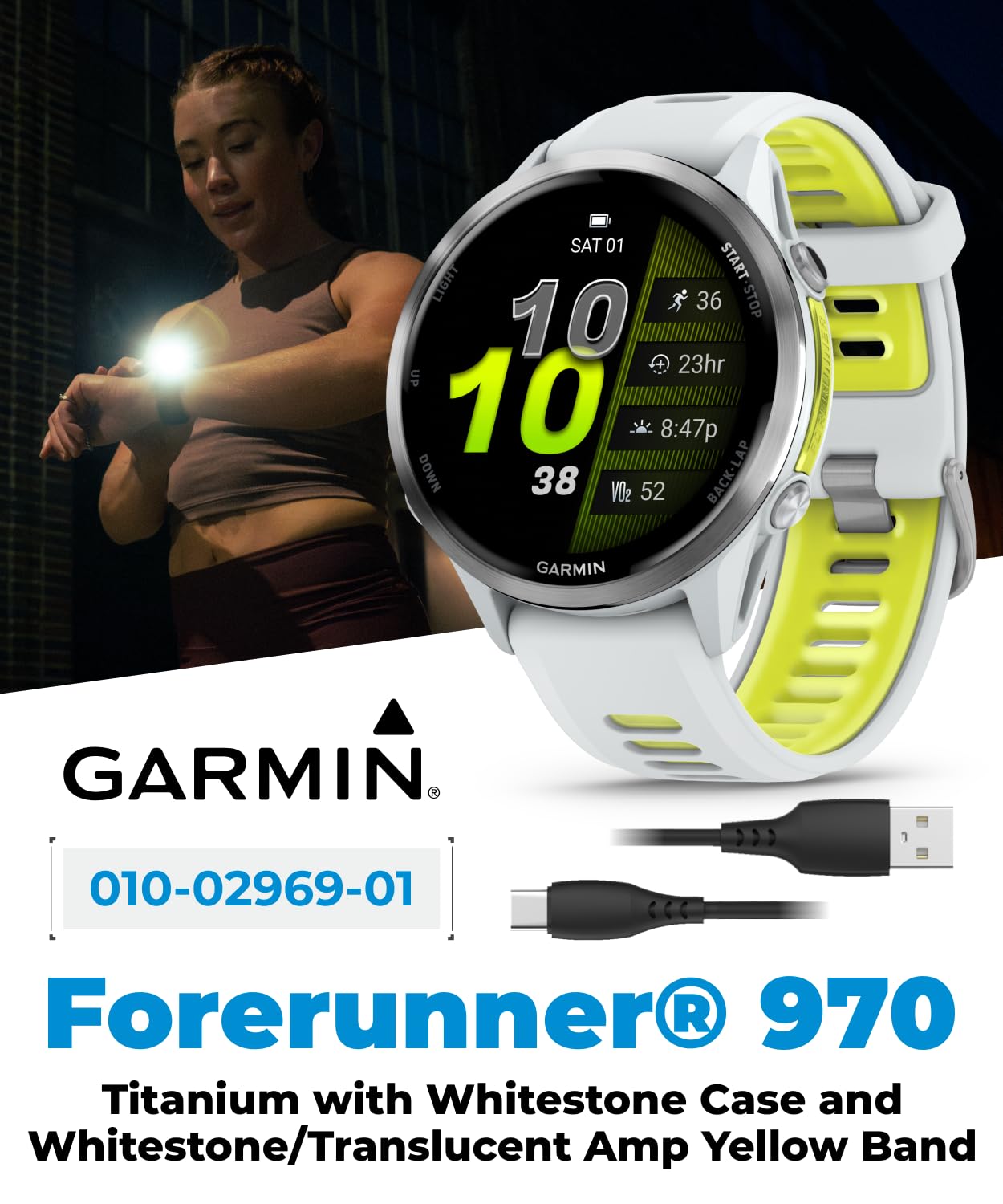 Wearable4U Garmin Forerunner 970 Titanium Smartwatch With Whitestone Case And Whitestone/Translucent Amp Yellow Band, Amoled Dis