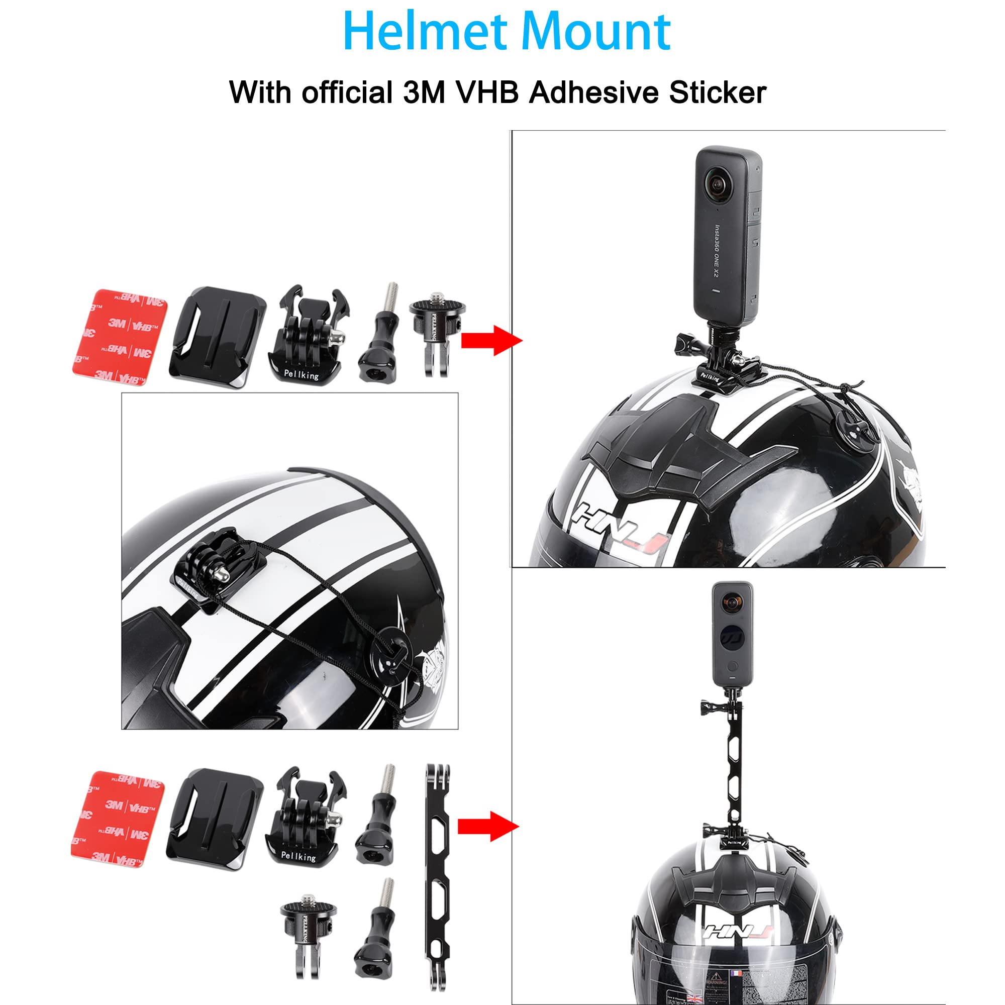 Motorcycle Bike Handlebar Helmet Mount Bundle For Insta360 X4,Go 3,X3,X2,One Rs 1 Inch 360 Edition, One Rs Twin,One R,Gopro 12/11/10/9/8/7/6/5 Blcak Max Camera, With Helmet Extension Arm Adhesive Kit