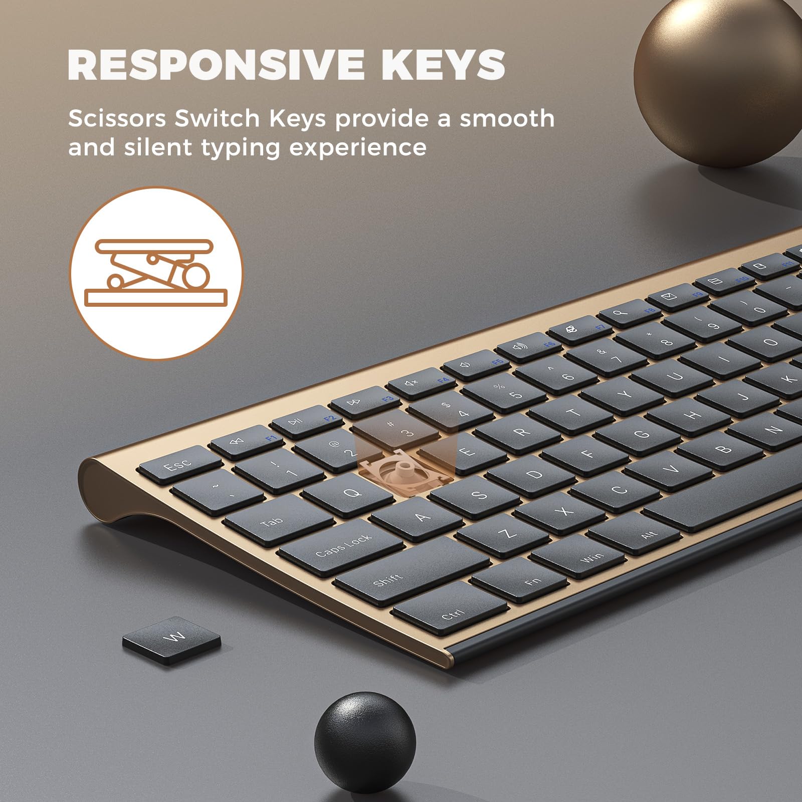 VssoPlor Wireless Keyboard and Mouse Combo - 2.4GHz Rechargeable, Full-Size, Quiet, Black and Gold, Nano USB Receiver for Windows, PC, Laptop