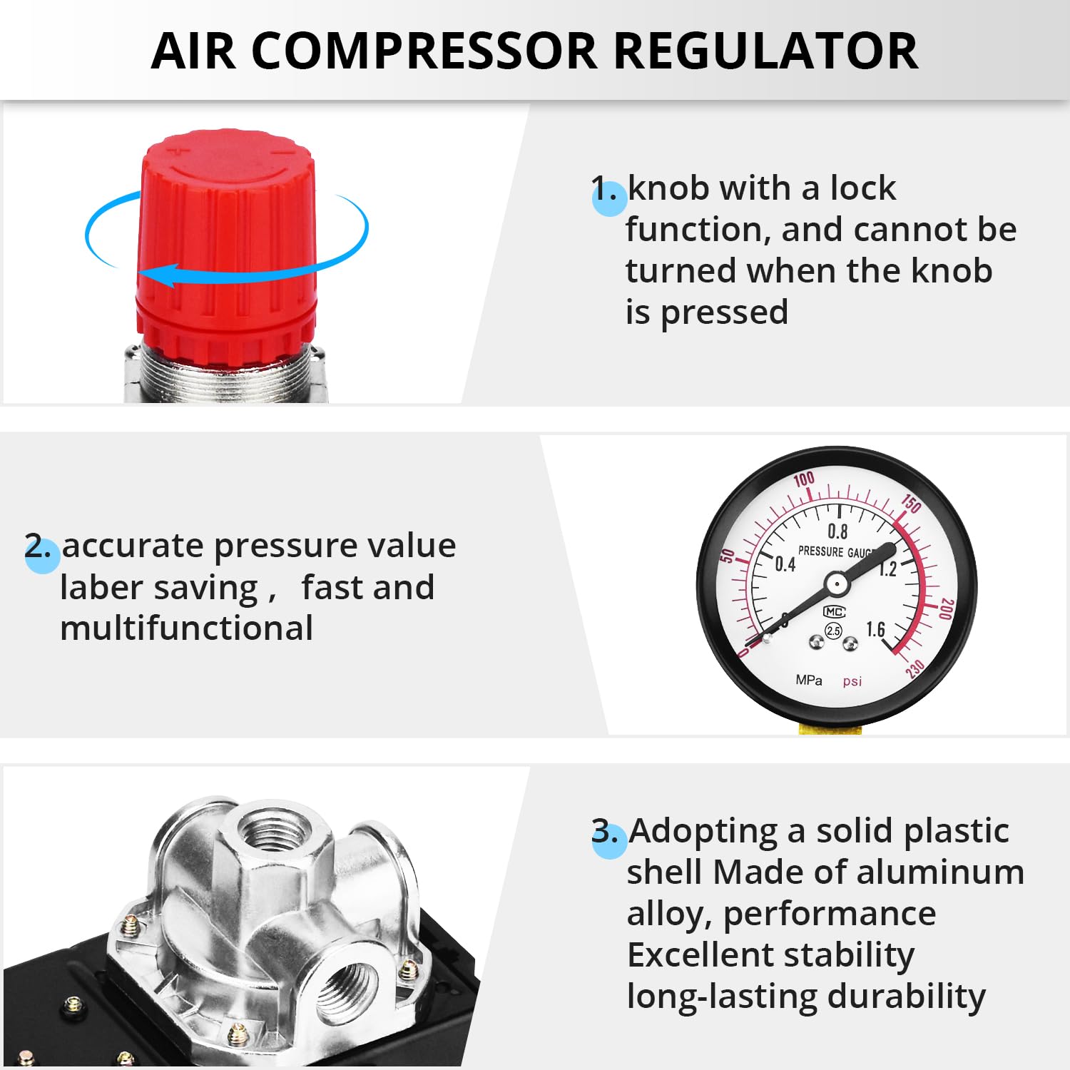 Universal Air Compressor Switch Kit (110 240V, 110 150 Psi)   4 Way Replacement, 0 180 Psi Regulator, Pressure Relief Valve, Dua