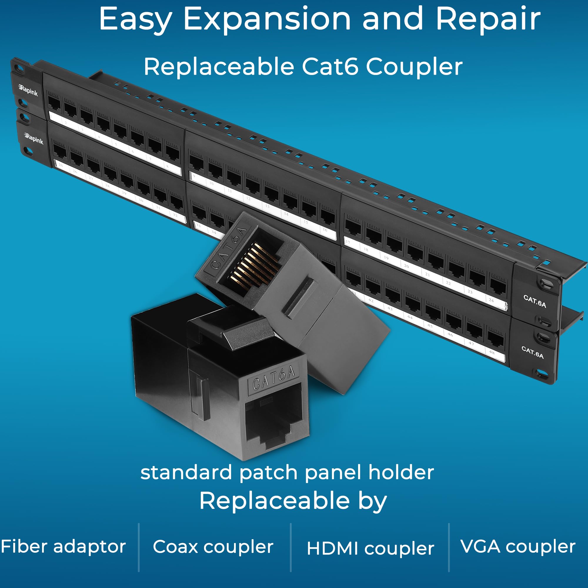 Rapink Patch Panel 48 Port Cat6A With Inline Keystone 10G Support, Pass Thru Coupler Utp 19 Inch With Removable Back Bar, 1U Network Patch Panel For Cat6A,Cat6, Cat5E, Cat5 Cabling