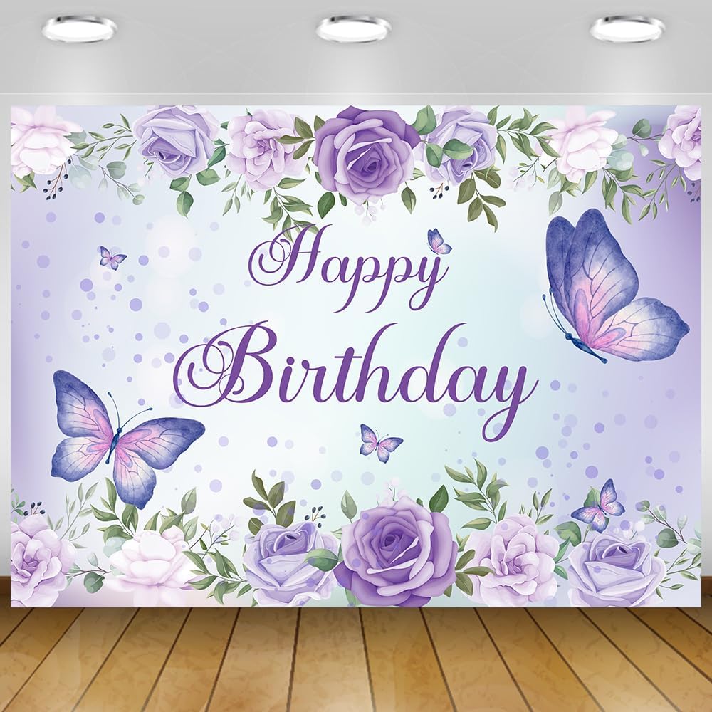 Purple Butterfly Birthday Banner Backdrop for Women Girl (59x36 inch) Purple Happy Birthday Decorations Banner for Women Rose Fl