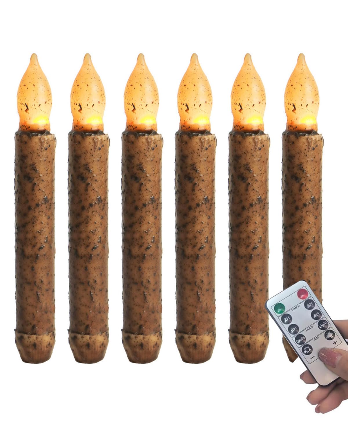 Oneihomm Battery Primitive Candle With Timer Remote, 6.5'' Hand Dipped Real Wax Rustic Flameless Taper Candles For Vintage Home