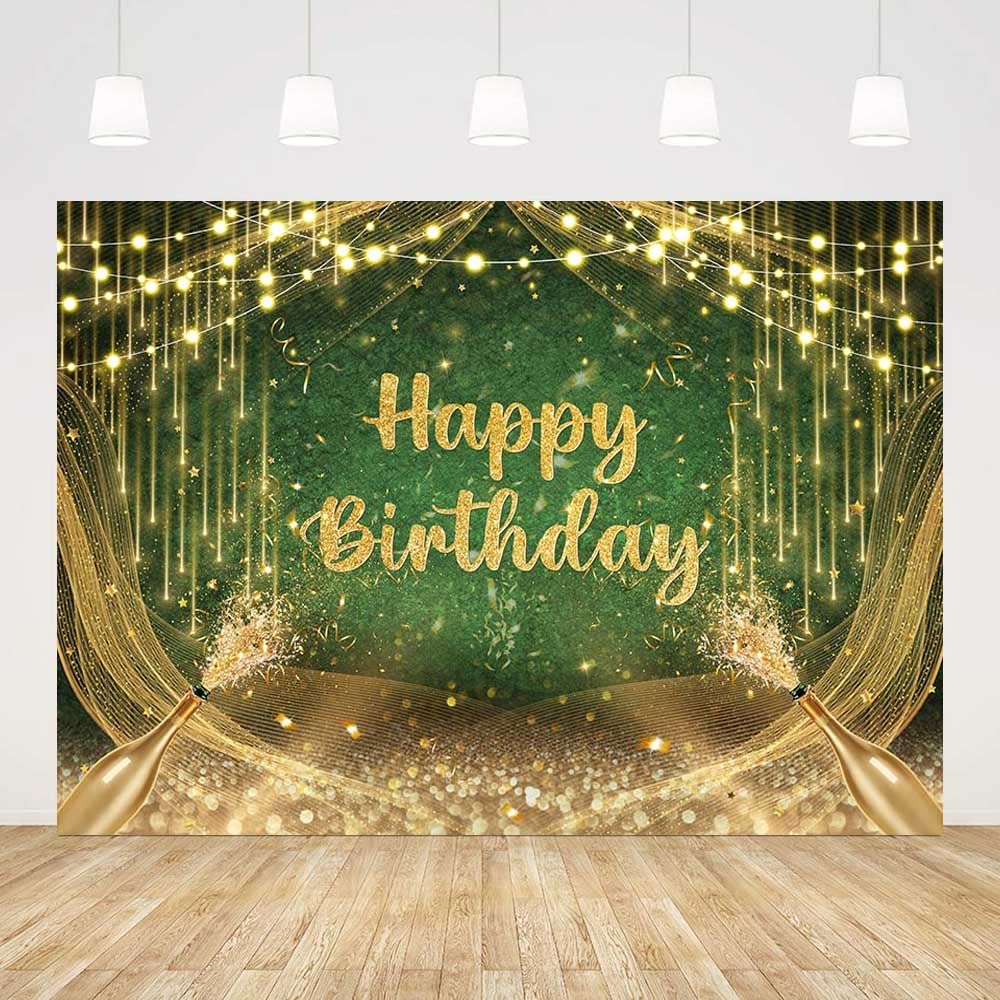 Aibiin 7X5Ft Green Gold Birthday Backdrop Happy Birthday Photography Background Gold Glitter Birthday Prom Party Decorations Ban