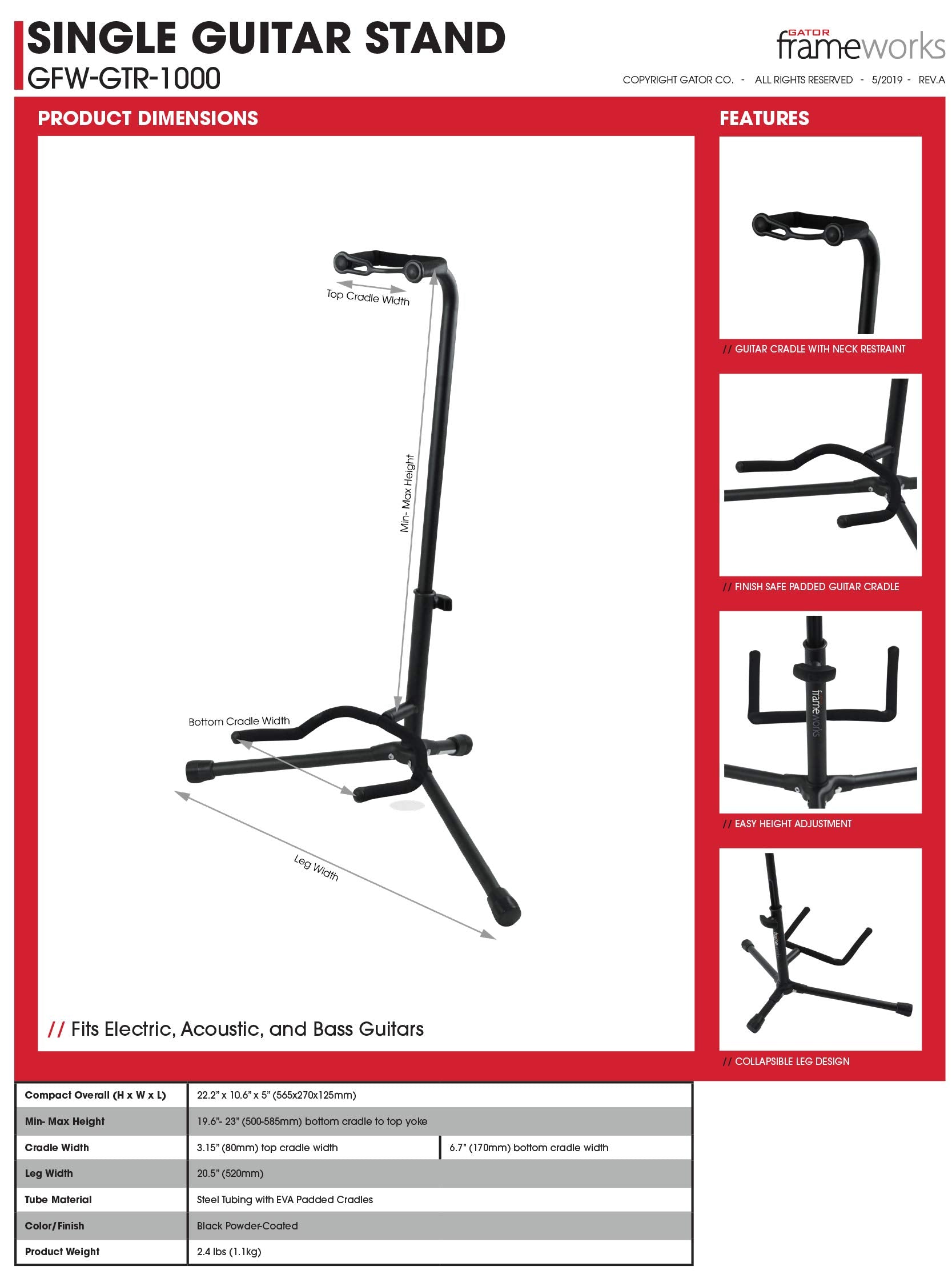Gator Frameworks Adjustable, Holds Single Electric Acoustic Guitar Stand (Gfw Gtr 1000), Black, 54 X 40 X 44''