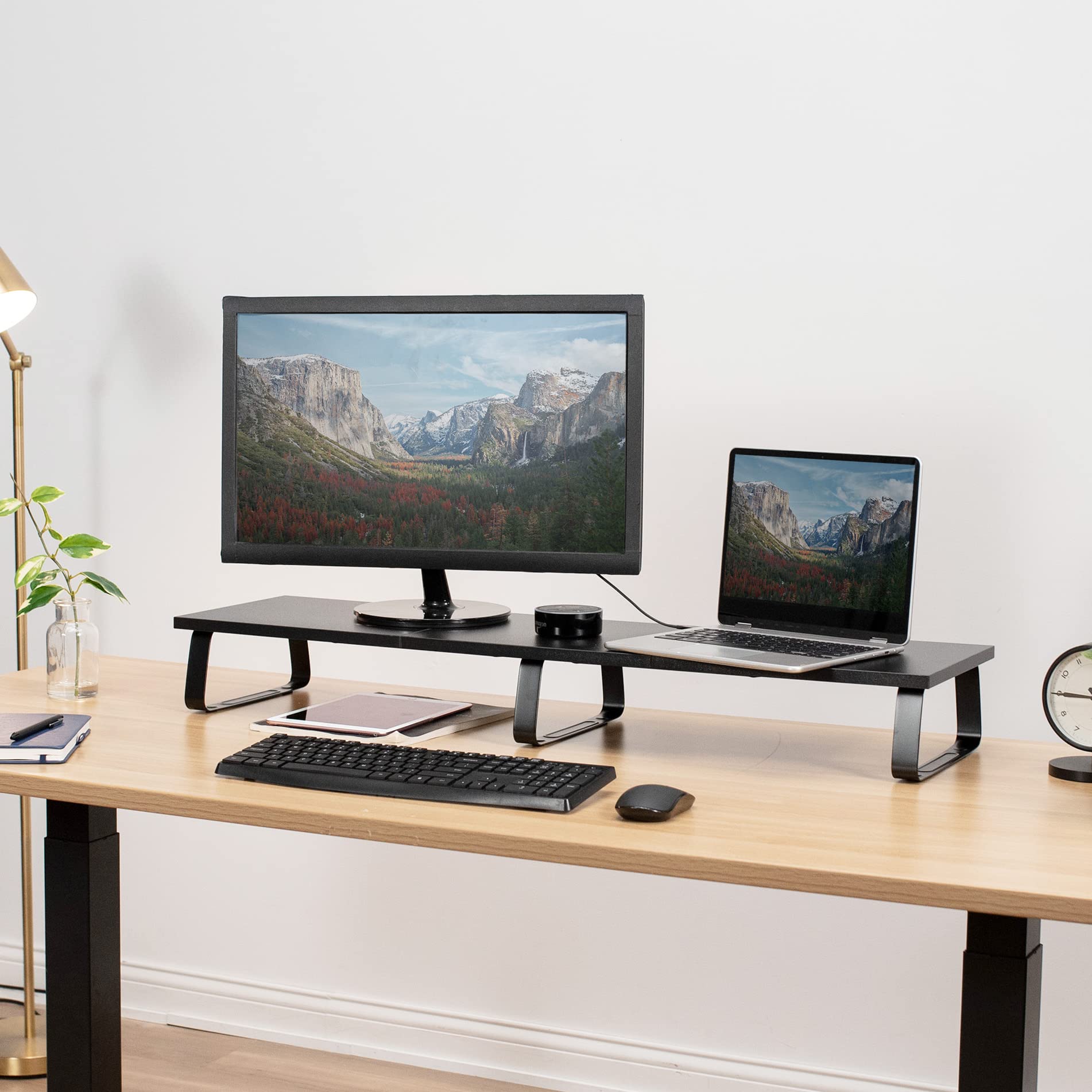 Vivo 39 Inch Extra Long Monitor Stand, Wood & Steel Desktop Riser, Dual Screen, Tv, Keyboard, Laptop, Ergonomic Desk And Tableto