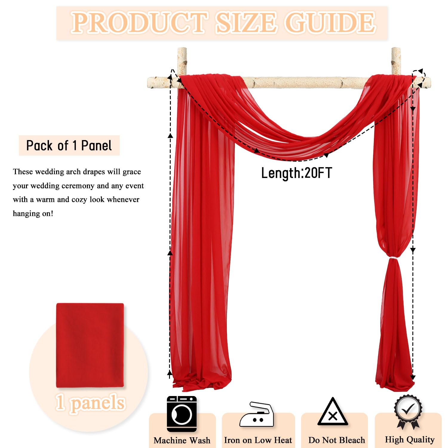 Patydest Wedding Arch Draping Fabric Red Drapery 20Ft Sheer Chiffon Backdrop Curtains 1 Panel Sheer Arch Fabric Drape Arch Decor