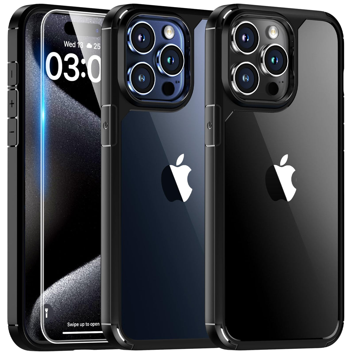Tauri 3 In 1 For Iphone 15 Pro Case, [Not Yellowing] With 2X Screen Protector, [Military Grade Drop Protection] Shockproof Slim