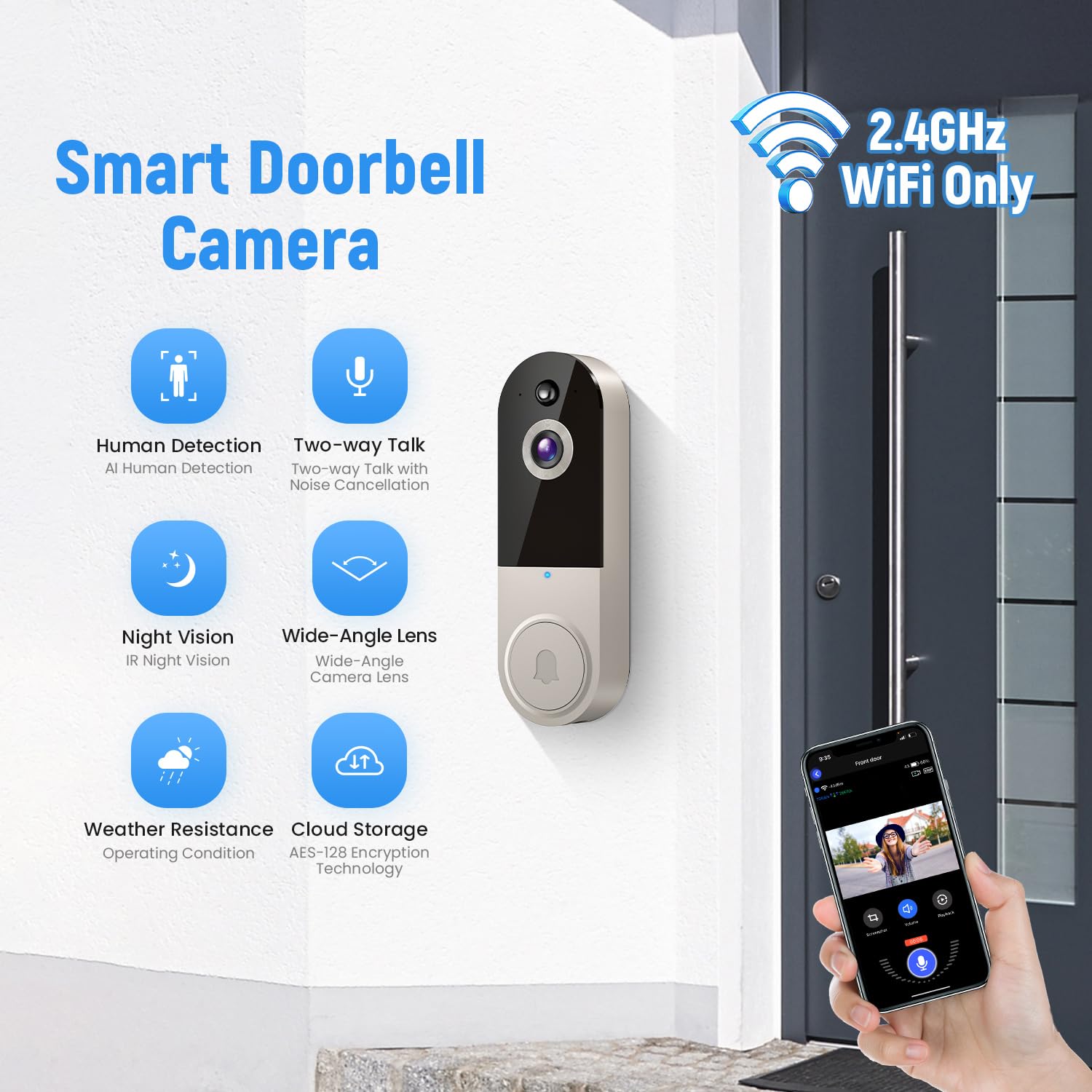 Hopeflex 1080P Smart Wireless Video Doorbell Camera With Chime, Ai Human Detection, 2.4G Wifi, Two Way Talk, Battery Rechargeabl