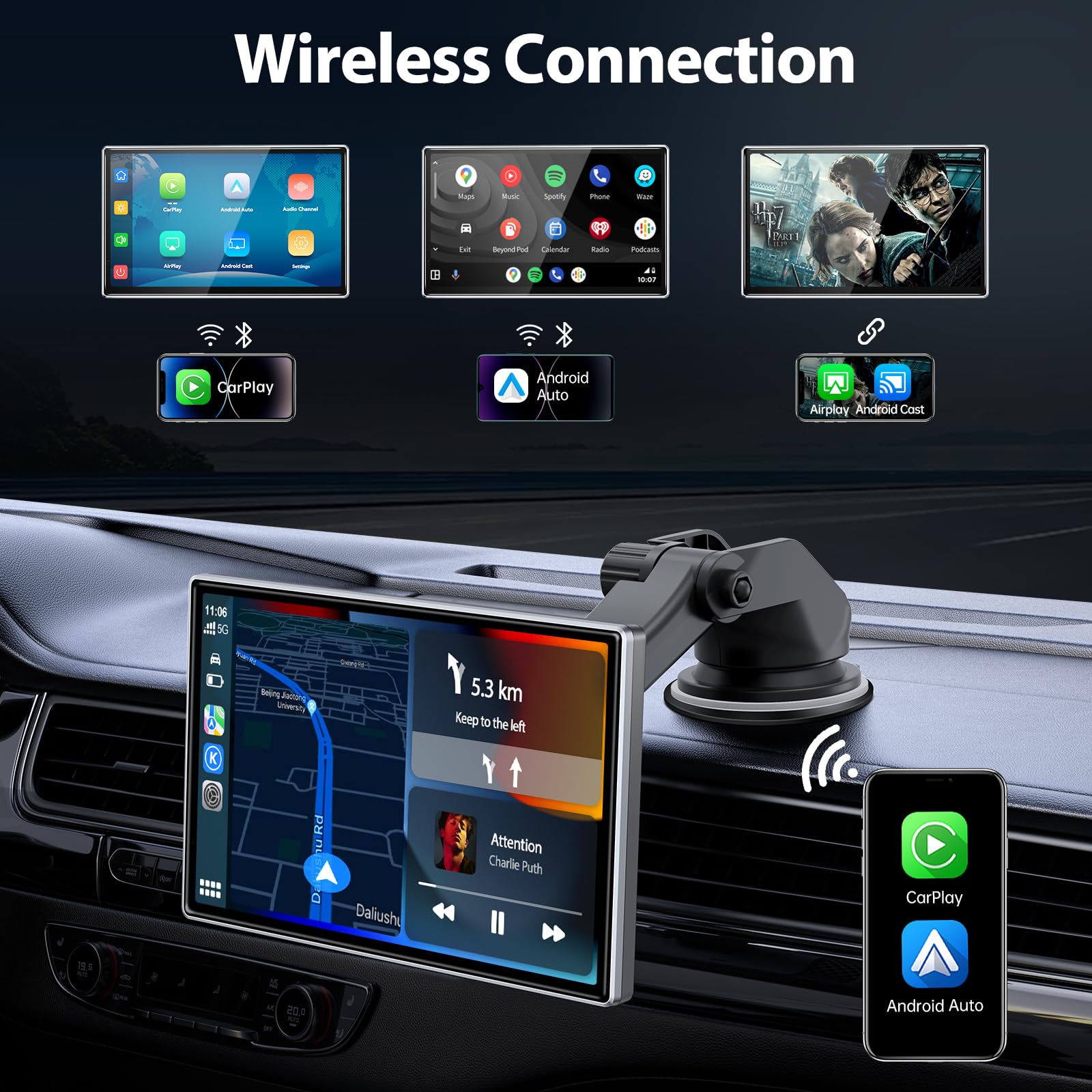 Eoyaa Upgrade Wireless Carplay Screen, Android Auto, Portable 7'' Hd Ips Screen For Car, Gps Navigation, Bluetooth Handsfree, Ai