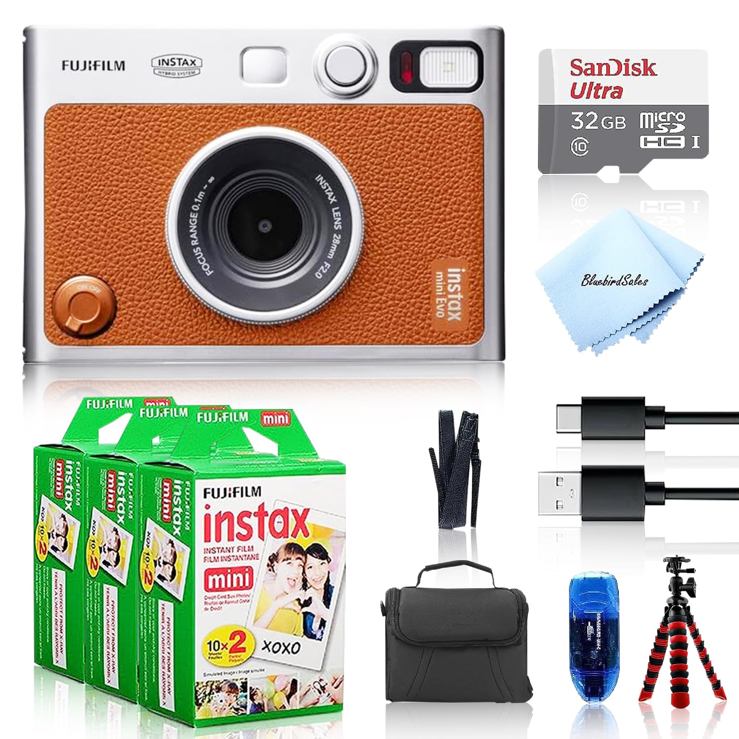 Fujifilm Instant Mini Evo Hybrid Camera (Brown) Bundle With 60 Instant Film Sheets + 32Gb Memory Card + Small Padded Case + Sd Card Reader + Flex Tripod + Microfiber Cleaning Cloth