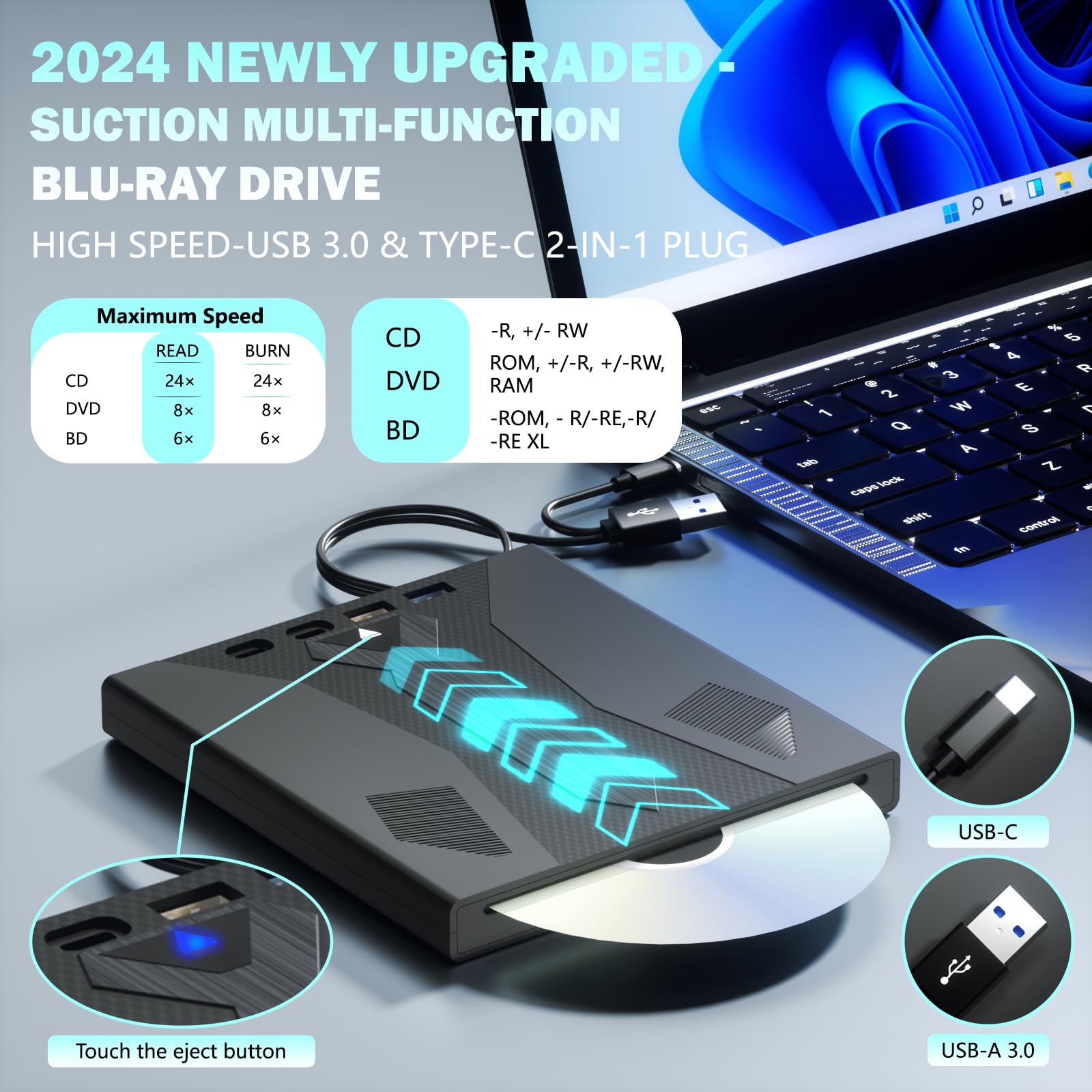 8 In 1 External Blu Ray Drive, Usb 3.0 And Type C Blu Ray Burner Portable Blu Ray Dvd/Cd/Bd Player, Support 100G Disc 3D Optical