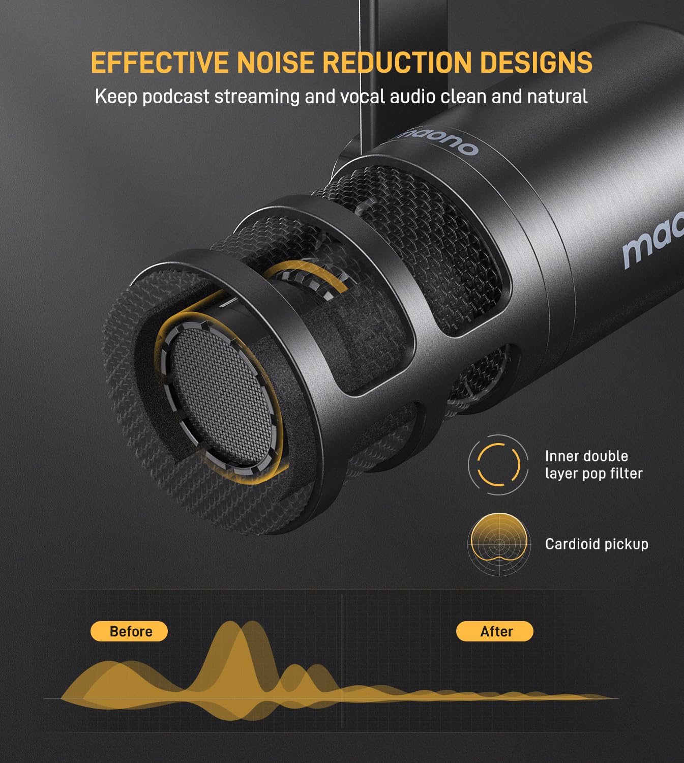 Maono Xlr Podcast Dynamic Microphone, Cardioid Studio Mic With Boom Arm For Vocal Recording,Streaming,Gaming, Voice Isolation Te