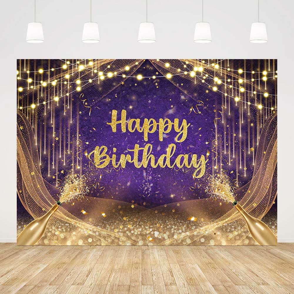 Aibiin 7X5Ft Purple Gold Birthday Backdrop Happy Birthday Photography Background Gold Glitter Birthday Prom Party Decorations Ba