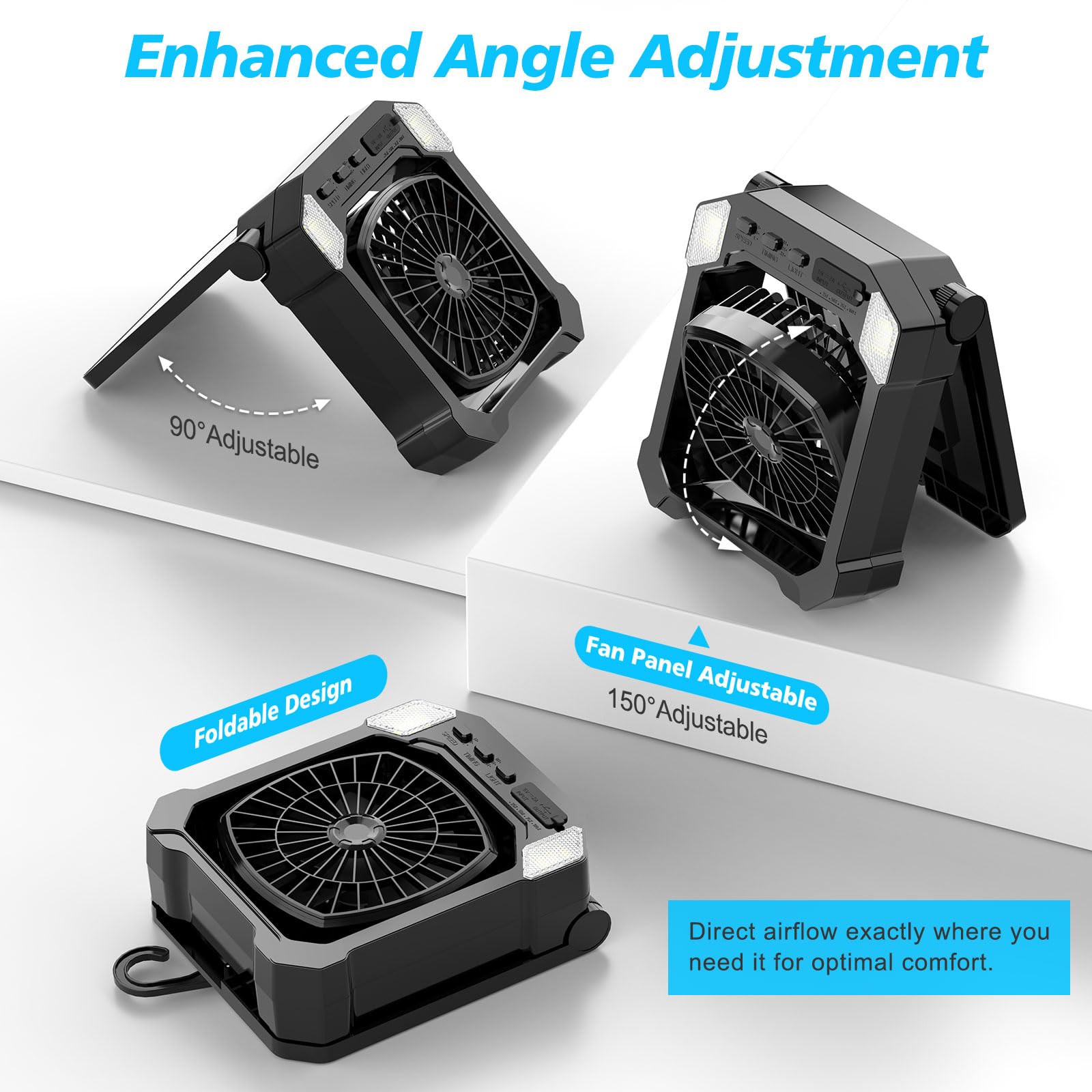Camping Fan Battery Powered & Solar Powered, Portable Solar Fan 10000Mah Rechargeable Outdoor Fans With Light, Quiet Cordless Fa