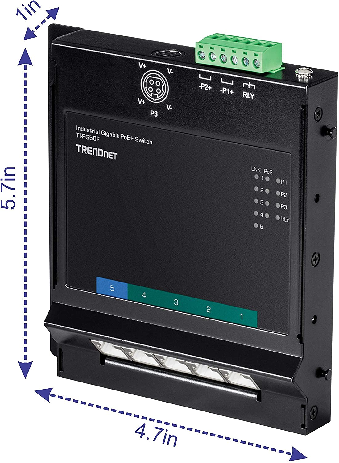 Trendnet 5 Port Industrial Gigabit Poe+ Wall Mounted Front Access Switch, 5X Gigabit Poe+ Ports, Din Rail Mount, 48  57V Dc Powe