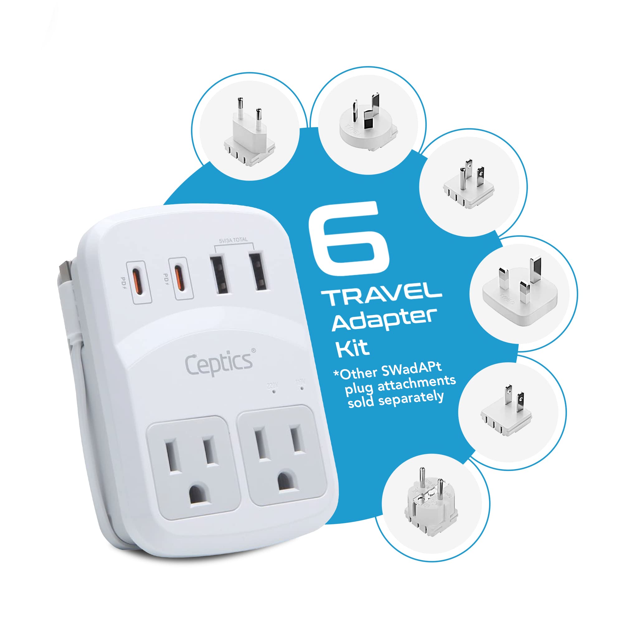 Ceptics World Travel Adapter Kit 2 Usb-A, Usb-C Us Outlets, 20W/Qc 18W Power Delivery, Surge Protection, Swadapt Compatible For