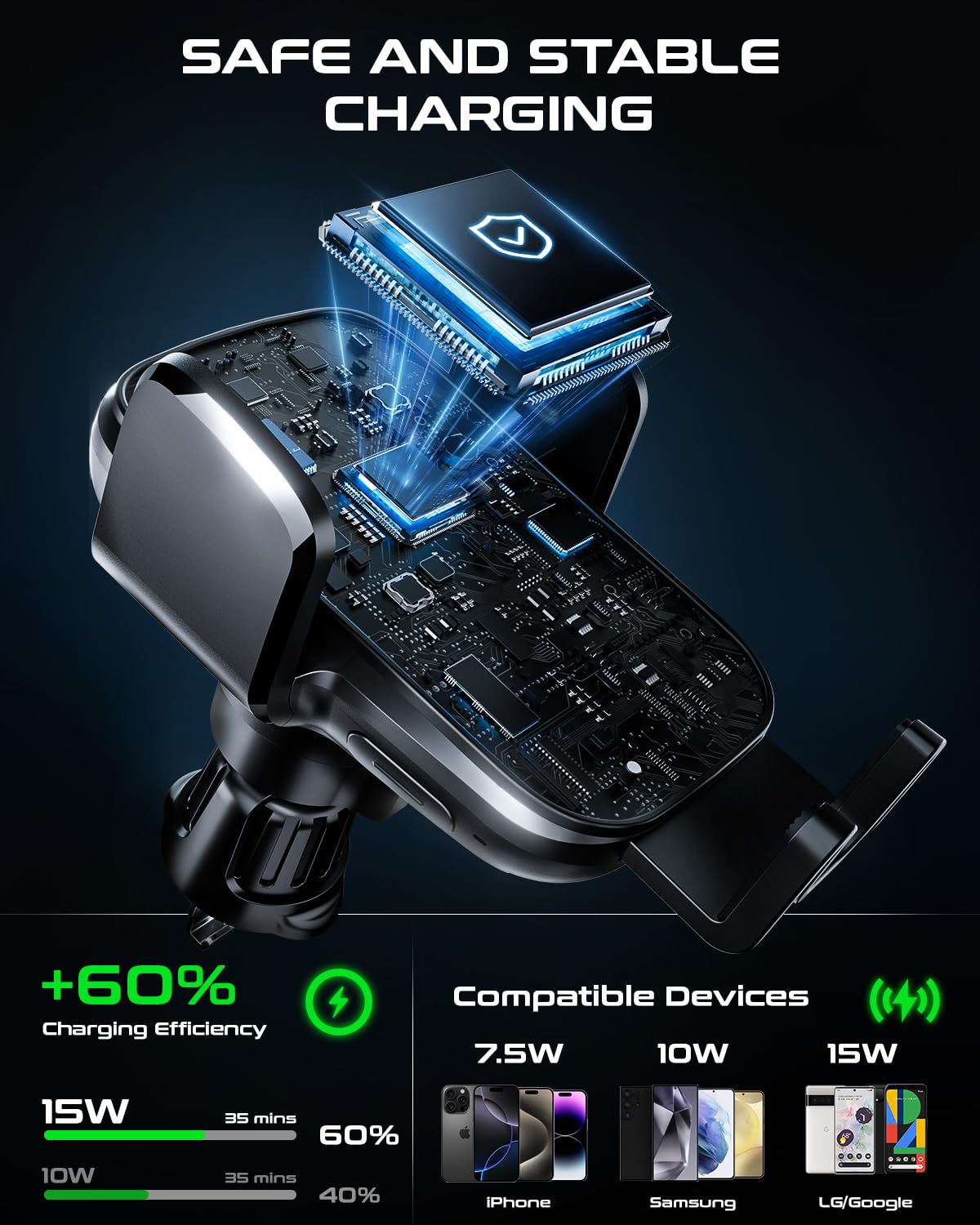 Eazpower Car Phone Holder Charger, Qi 15W Fast Charging Wireless Car Charger Mount, Auto Clamping Dashboard Air Vent Windshield