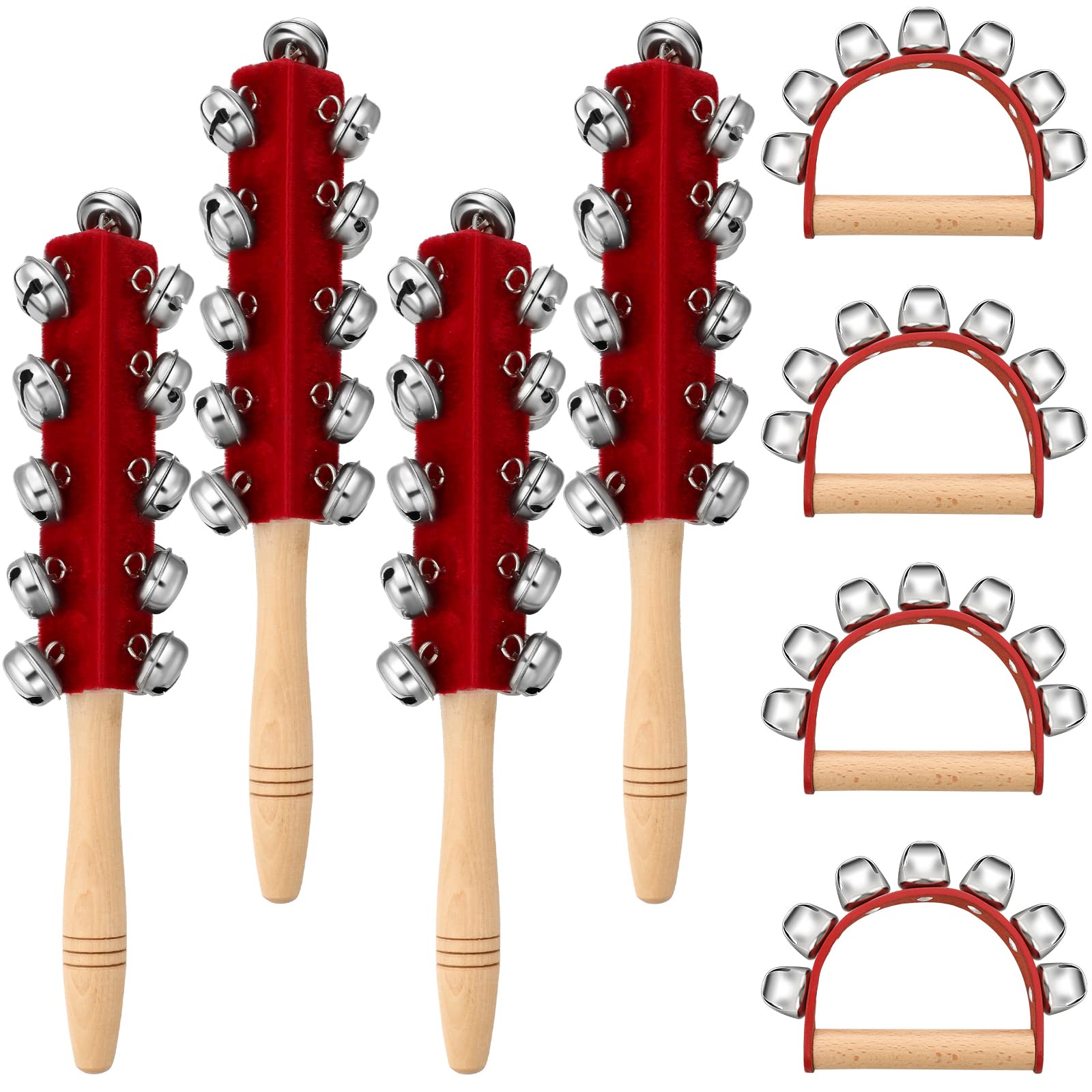 Cindeer 8 Pieces Christmas Hand Jingle Bells Handheld Sleigh Bells Wooden Handle Bells Rattles Musical Rhythm Percussion Instrum