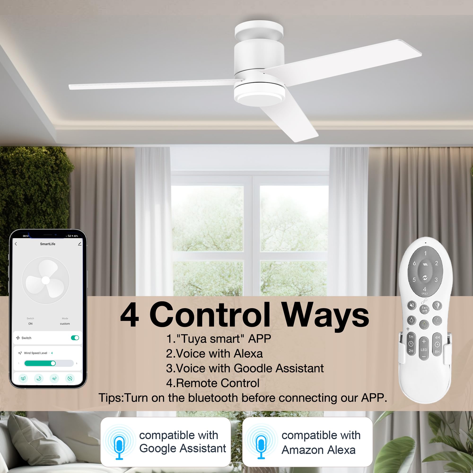 Lorpies 52 Inch Smart Flush Mount Ceiling Fans With Lights Remote,Quiet Dc Motor,Outdoor Indoor Low Profile Ceiling Fan,Voice Co