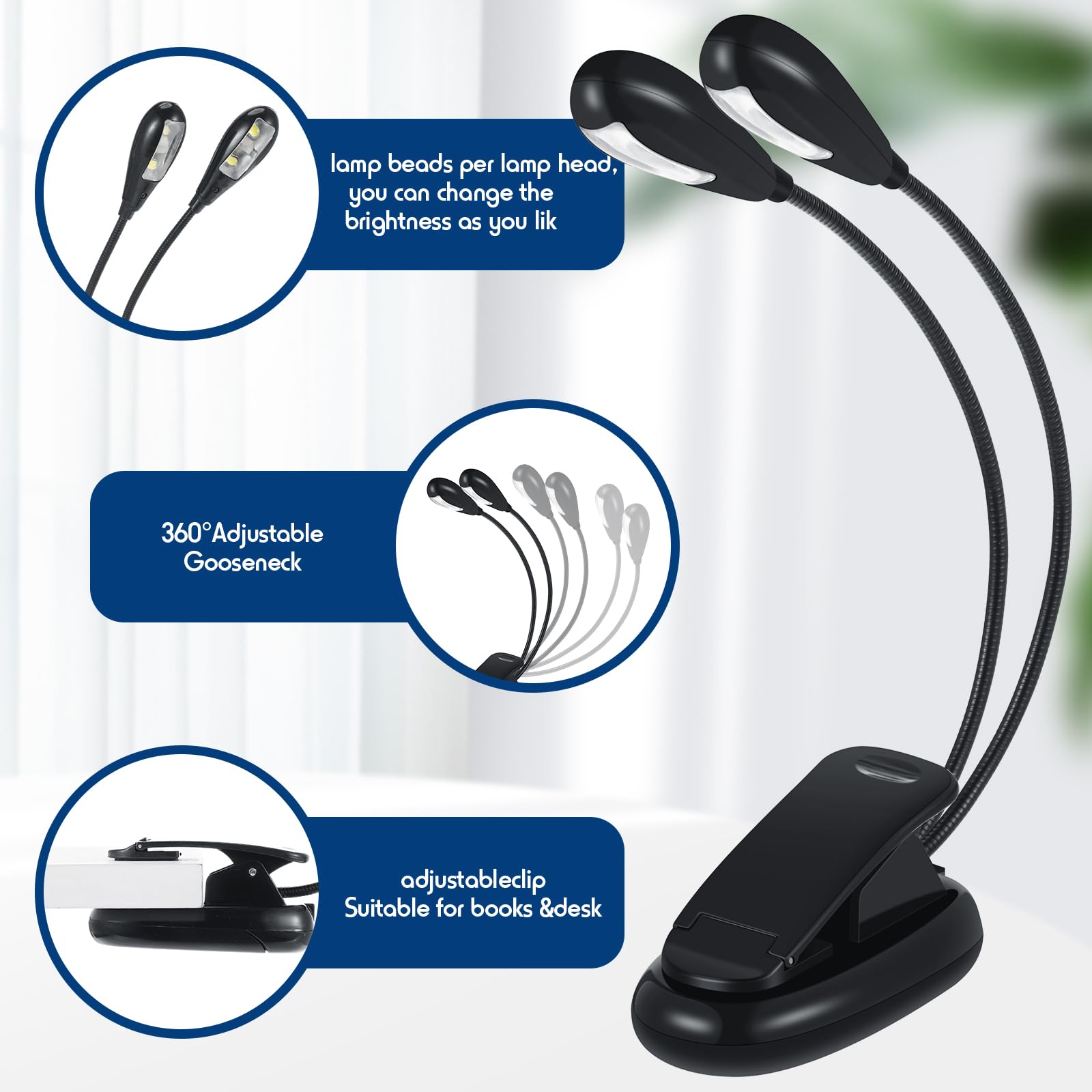 Rossesay 10 Pcs Led Book Light Usb And Aaa Battery Operated Music Stand Clip On Reading Light 4 Brightness Levels Dual Arm Clip