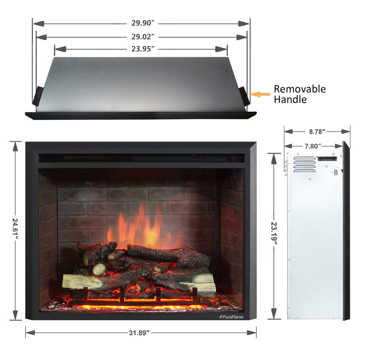 Puraflame Western Electric Fireplace Insert With Fire Crackling Sound, Remote Control, 750/1500W, Black, 29 59/64 Inches Wide, 2