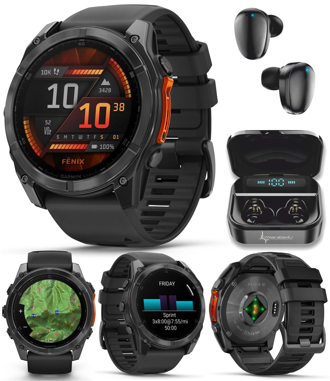 Wearable4U Garmin Fenix 8 - 51 mm, AMOLED Multisport GPS Smartwatch, Slate Gray with Black Silicone Band, Built-in LED Flashligh