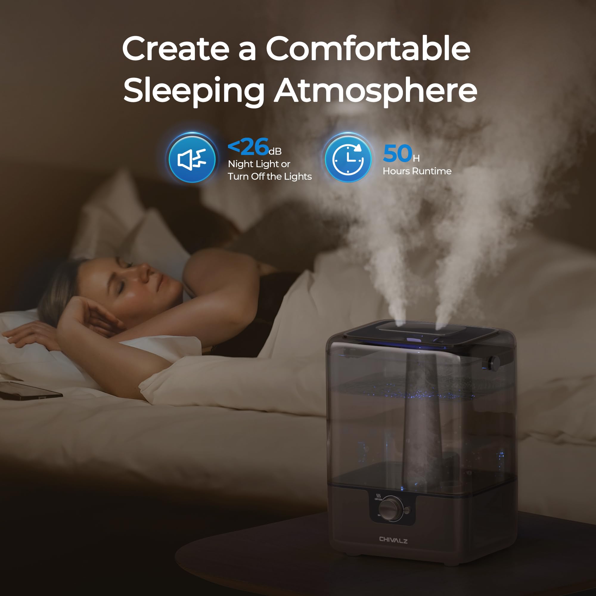 6L Humidifiers For Bedroom Large Room Home, Chivalz Cool Mist Top Fill Humidifiers For Baby Nursery And Plants, 26Db Quiet, Nigh