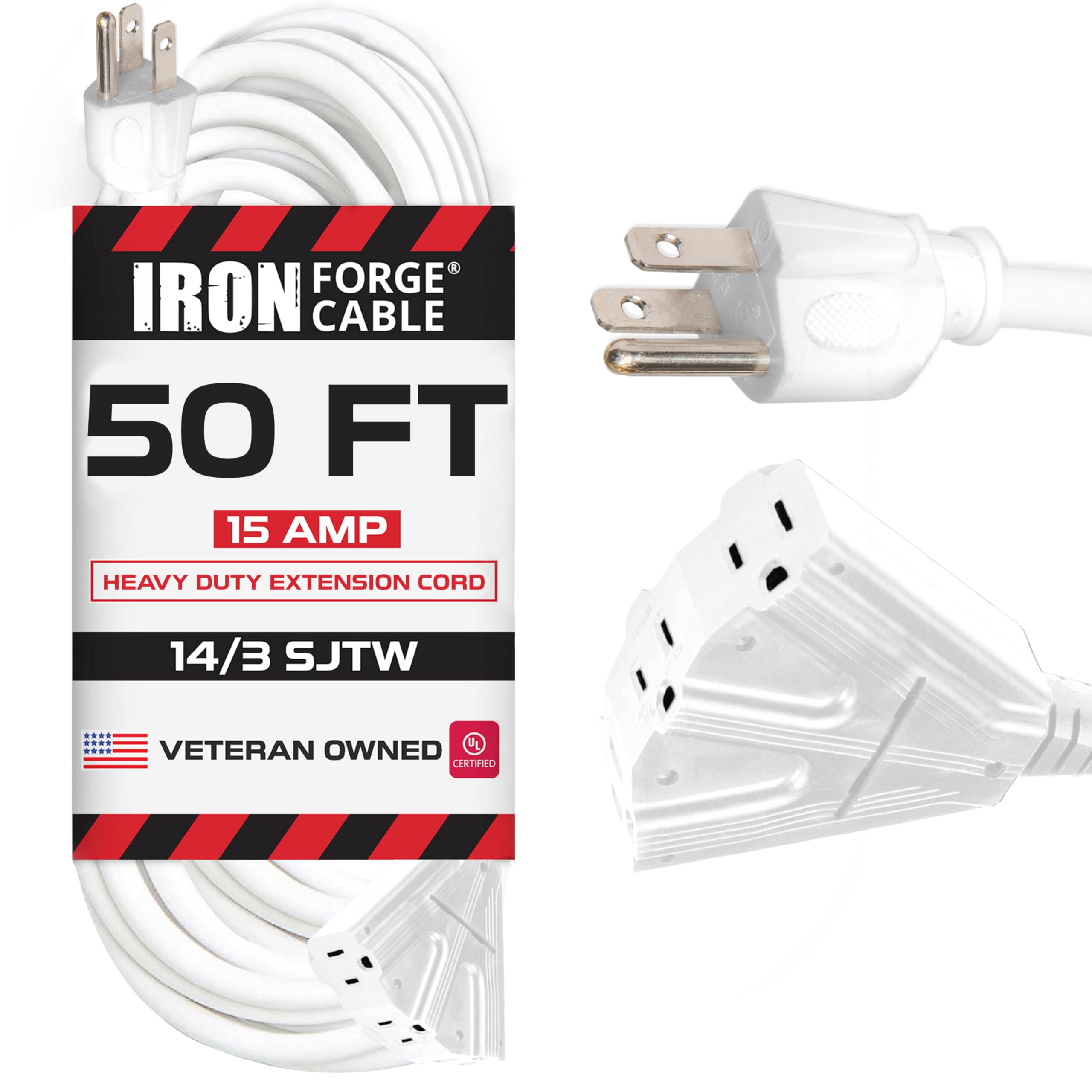 Iron Forge Cable 15 Amp Heavy Duty Extension Cord 50 Ft 3 Outlet, Sjtw 14 Gauge White Extension Cord With Multiple Outlets 3 Pro