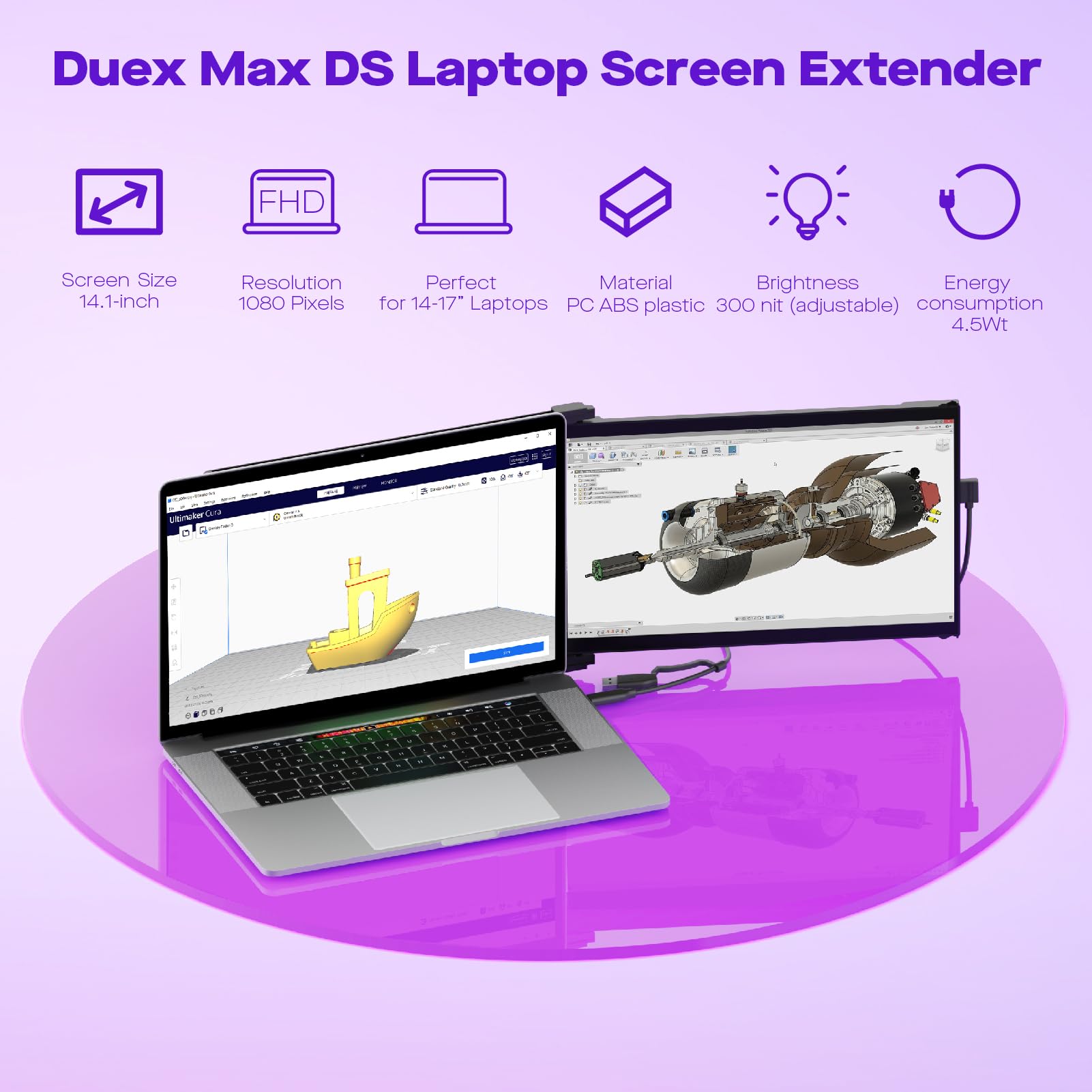 Laptop Screen Extender   Mobile Pixels Duex Max Ds 14.1'' Portable Monitor For 14'' To 17'' Laptops, Fhd 1080P Usb Type C/Hdmi P