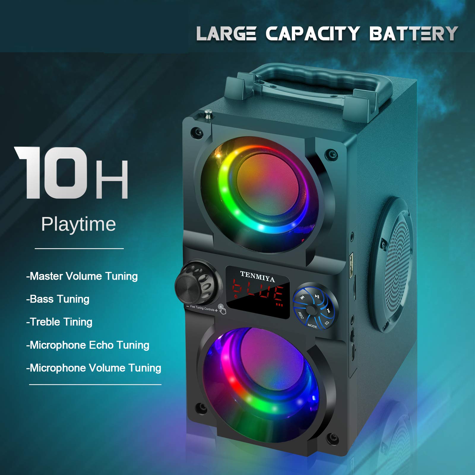 Bluetooth Speaker, 40W (60W Peak) Portable Wireless Speaker With Colorful Lights, Double Subwoofer Heavy Bass, Fm Radio, Mp3 Pla