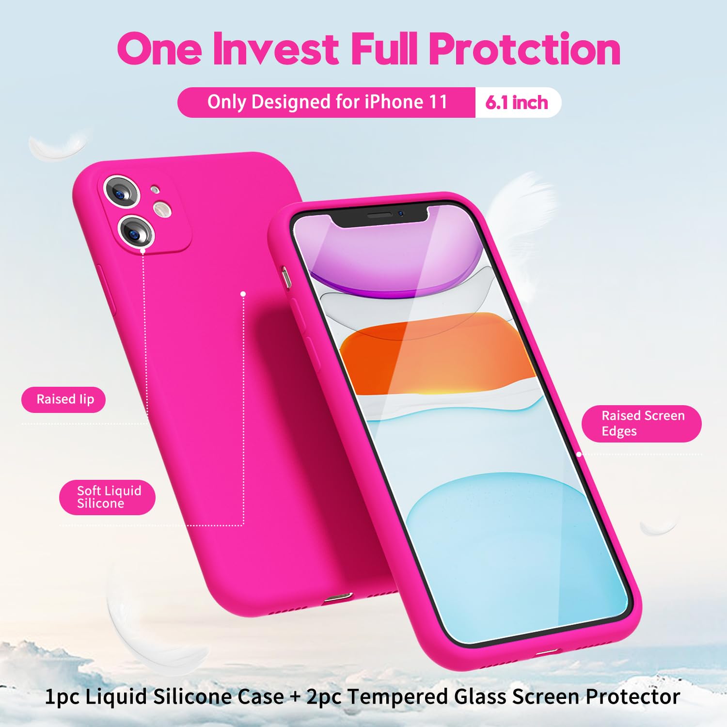 Oakxco For Iphone 11 Phone Case Liquid Silicone, Fluorescent Bright Solid Color, Cute Thin Slim Soft Rubber Tpu Plain Smooth Gel