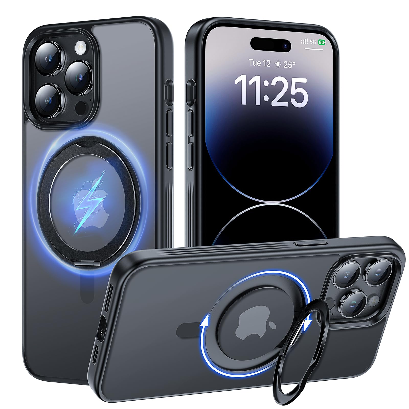 Tauri 360Rotatable Magnetic Ring For Iphone 14 Pro Case Black, [Designed For Magsafe] With Stand & Ring Holder, Translucent Matt