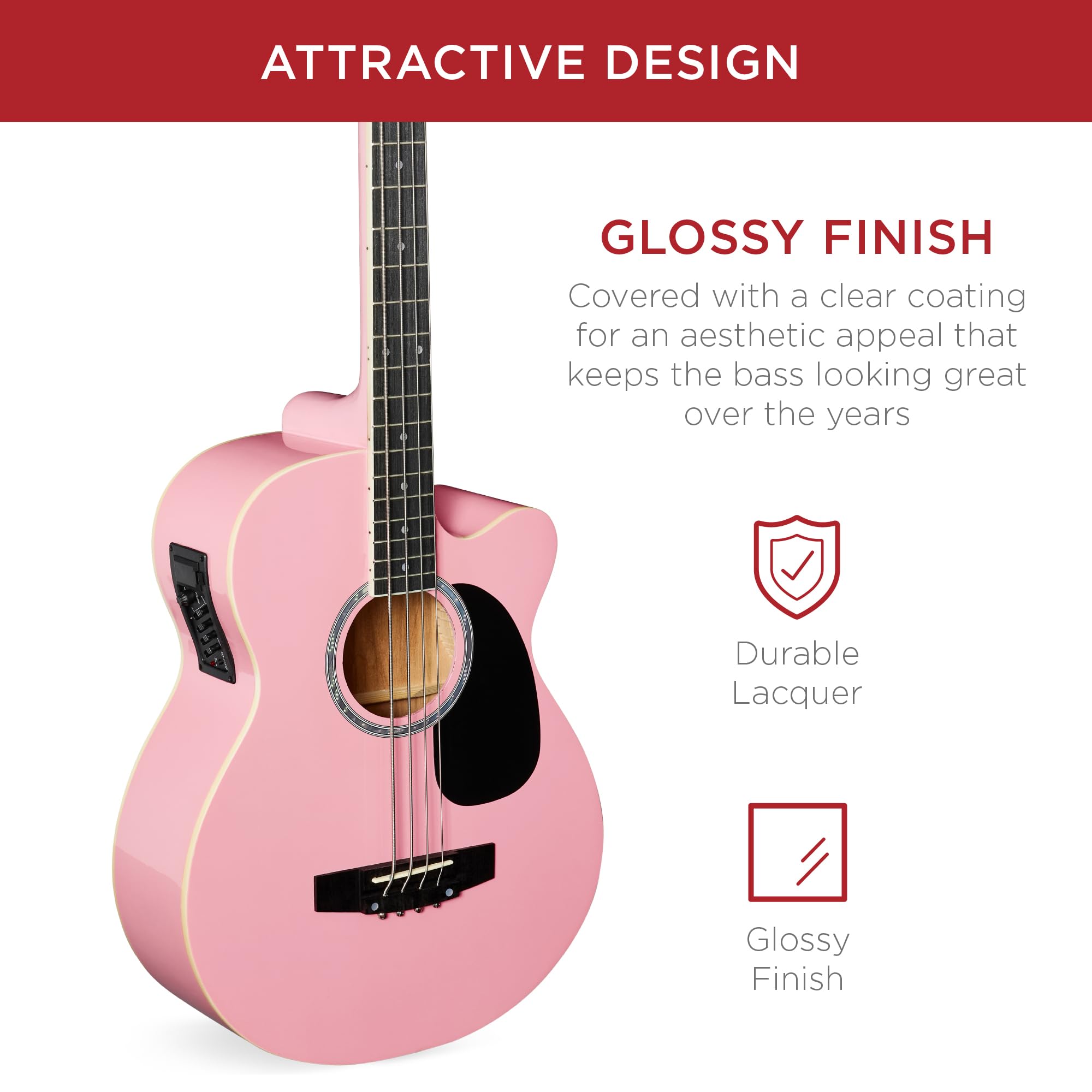 Best Choice Products Acoustic Electric Bass Guitar, Full Size 4 String, Fretted Bass Guitar W/Padded Gig Bag   Pink