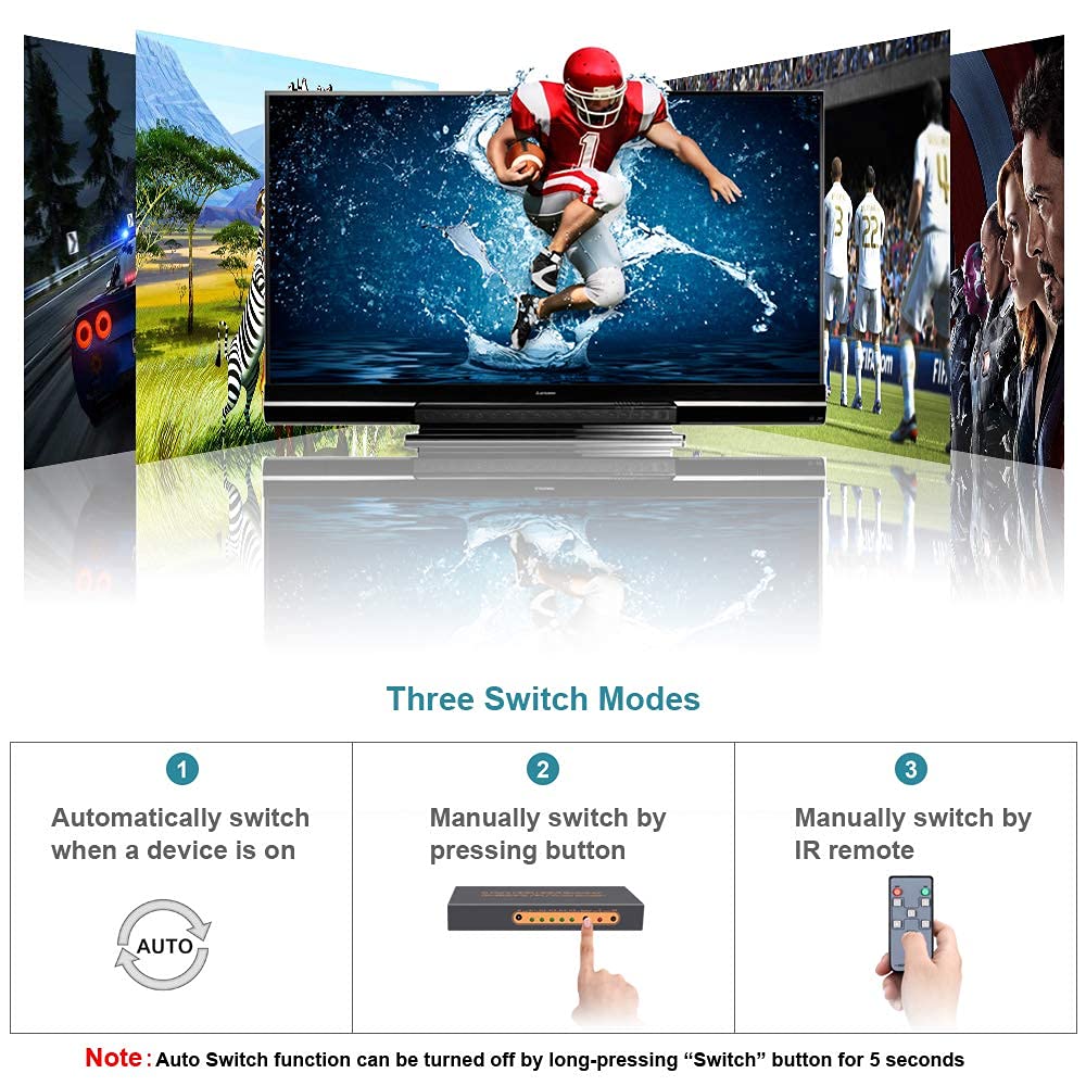 (Newest Version) Skycrophd 4K@60Hz 5 Port Hdmi Switch With Remote, Premium 5 In 1 Out 4Kx2K Hdmi Auto Switcher, Support Hdr10, D