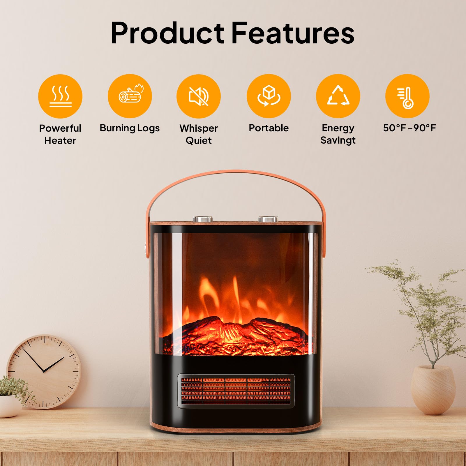 Rovsun 1500W Electric Fireplace Stove With Realistic Flame Effect, 16''H Portable Freestanding Tabletop Mini Heater With 4 Heat