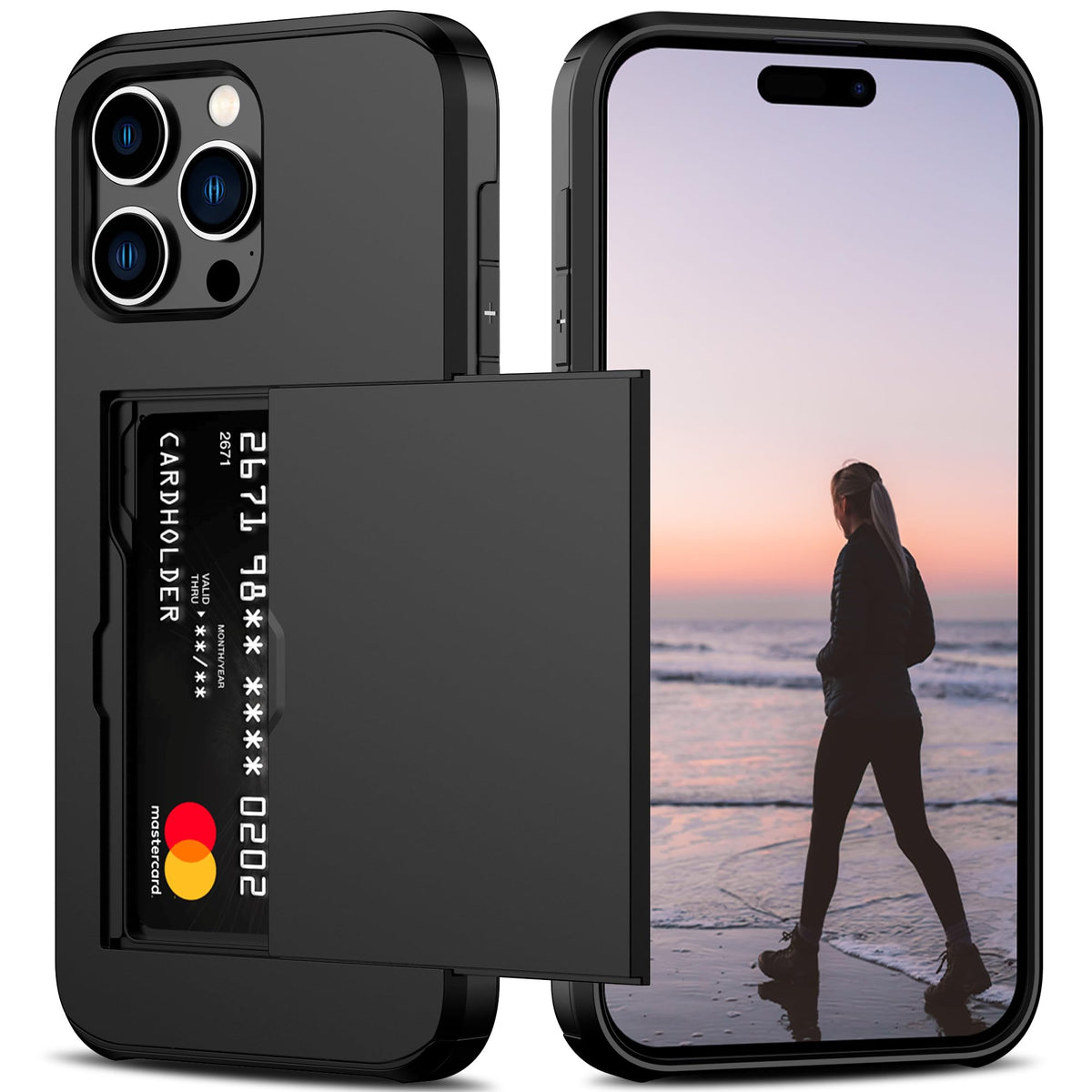 Nvollnoe Compatible With Iphone 15 Pro Max Case With Card Holder Heavy Duty Protective Dual Layer Shockproof Hidden Card Slot Sl