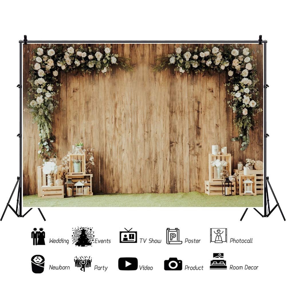 Dashan 10X6Ft Polyester Wedding Backdrop Rustic Floral Flower Wood Wall Backdrop Bridal Shower Reception Ceremony Photography Ba
