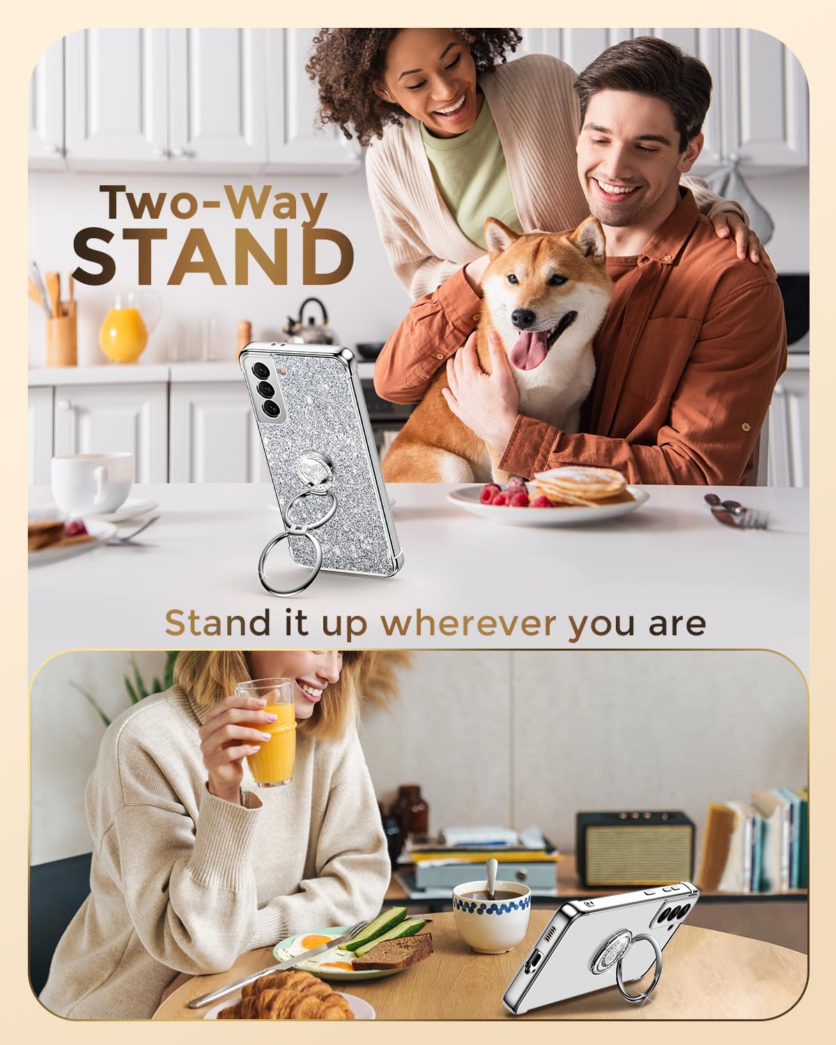 Xyz For Samsung Galaxy S21 Plus Case With Stand, Galaxy S21 Plus Case With Double Ring, Women Girls Bling Luxury Glitter Clear P